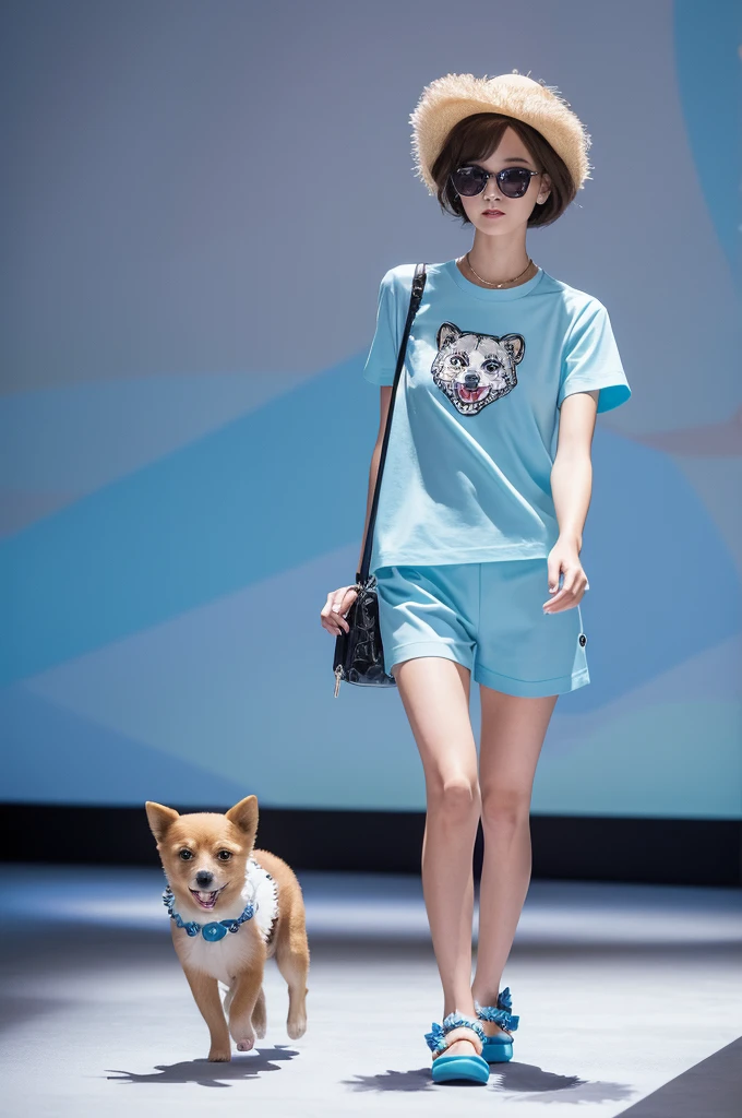 Fashion runway photos,anthropomorphic mini dog wearing Versace's short sleeved t-shirt, shorts, and slippers,cute,cub,high-end design style, Paris Fashion Show,Macaron light blue series,Perfect color matching,high-end feel,Long Shot,Full body,Dynamic capture of runway shows,16K