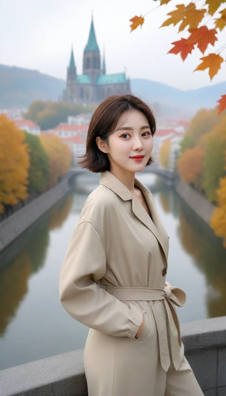 k Best picture quality, Beautiful 36-year-old Korean woman, You have good skin and big and pretty eyes... Chest size 34 inches, Traveling in Europe in the fall season, The autumn leaves are just starting to turn soft.. The cathedral can be seen in the distance in thick fog., The back background is realistic and vivid quality., Short and medium hair blowing in the wind. I wore a high-quality light windbreaker over my neck polar.. Wearing beige casual pants, I'm smiling. Short and slim Korean woman, Full body photo taken with Canon Mark 5 camera 16-35 wide angle lens, One woman with big and pretty eyes, eyes are round and big. standing on a hill overlooking the river