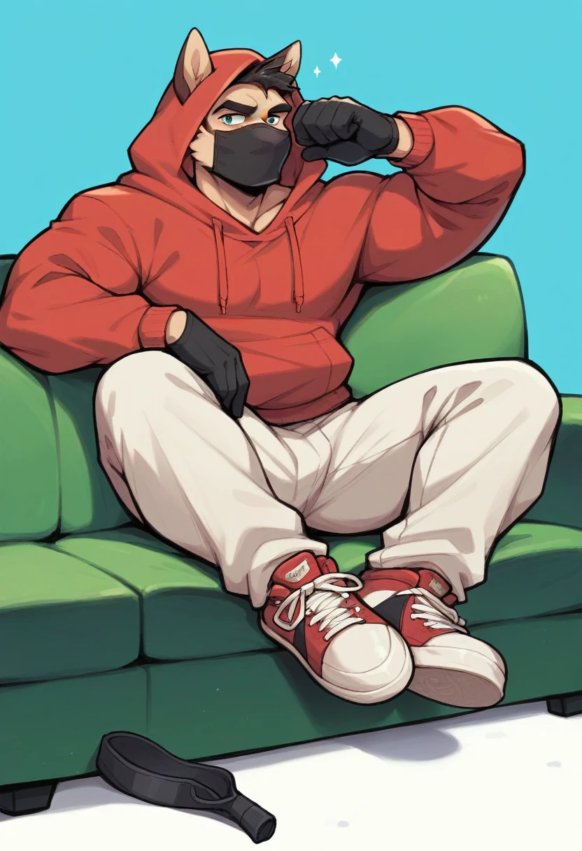 A guy wear red hoodie black jogger and white shoes he wear black gloves he wear black mouth mask blue background green sofa he have smg gun on his hands he have a seiberian husky dog that dog is sitting on flor