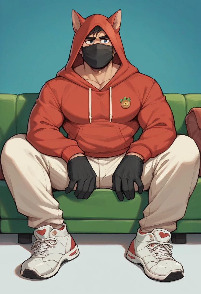 A guy wear red hoodie black jogger and white shoes he wear black gloves he wear black mouth mask blue background green sofa he have smg gun on his hands he have a seiberian husky dog that dog is sitting on flor