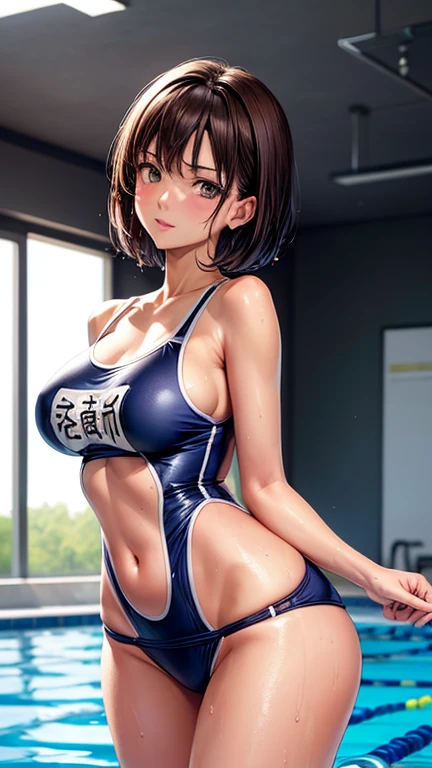 (4K,masterpiece,Highest quality,Super detailed),Front shot,(alone),(Full page of beautiful woman),((30 years old)),short hair,Brown Hair,(Beautifully detailed face,Beautiful attention to detail,Detailed skin,Beautiful Hips),A light smile,shy,Slender body,Large ,(Wet one piece school swimsuit),(Lean forward,Stick your butt ouorsal position,(Accentuate your body lines),sukumizu,(At the school pool),