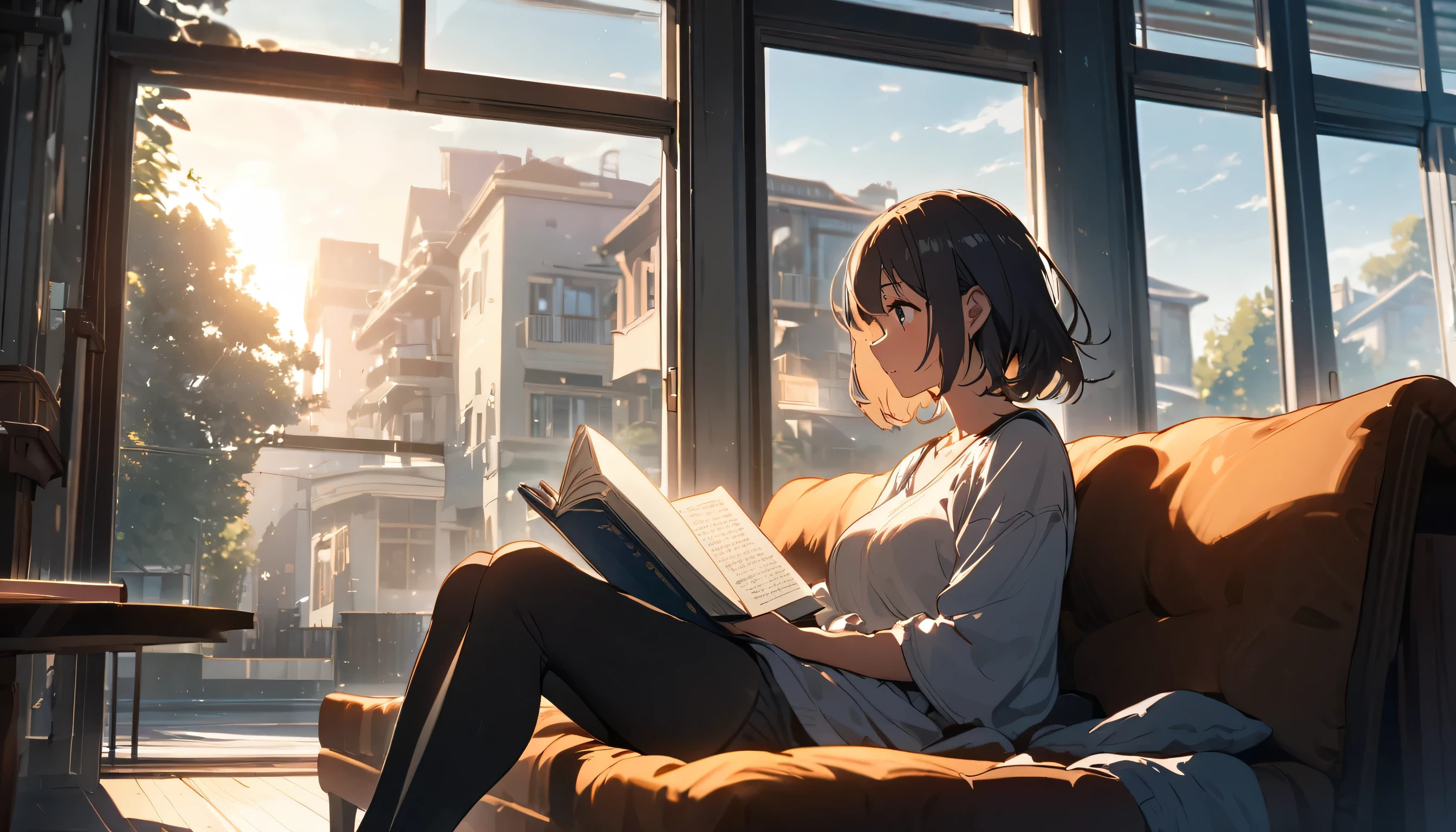 Girl sitting on sofa reading a book,In front of a large window,Morning sunlight,Streetscape