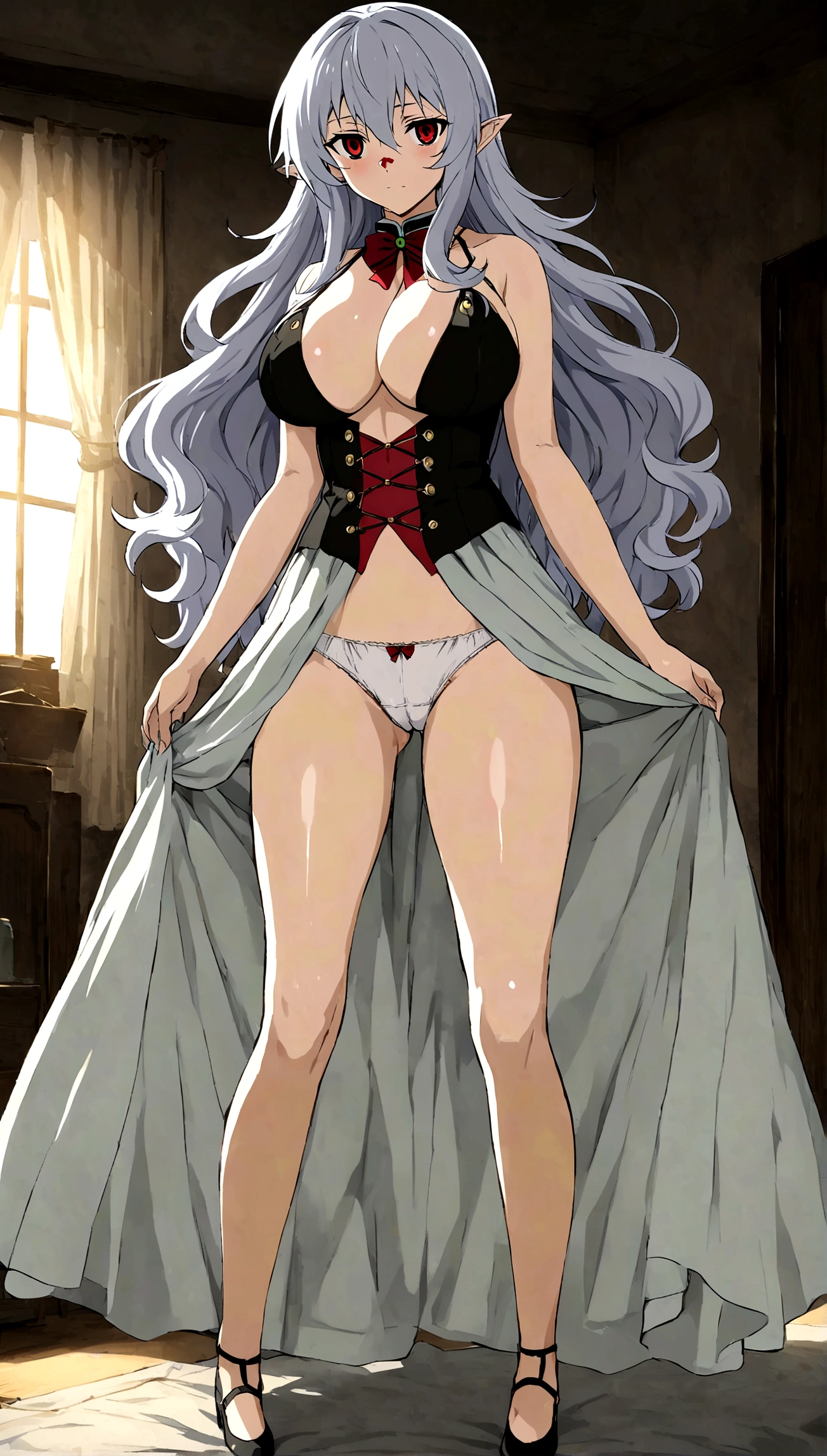 Anime. Owari no Seraph. 1 Girl. Dear . A vampire. Progenitor Clumsy. Silver hair. Wavy hair. Long hair. Red eyes. Beautiful eyes. Perfect eyes. Expressive eyes. Ideal face. Perfect body. Beautiful long ones. legs. Beautiful nose. 18 years. Big breasts. Standing. Full length Beautiful character design. Shiny skin. Pointy ears. White underwear. Period. There's blood on her panties. Hand on crotch. Bedroom. Full body. NSWF. Official art. Extremely detailed CG Unity 8k wallpaper. Ideal lighting. Ultra high resolution 4K. Super detailed 8K. A high resolution.