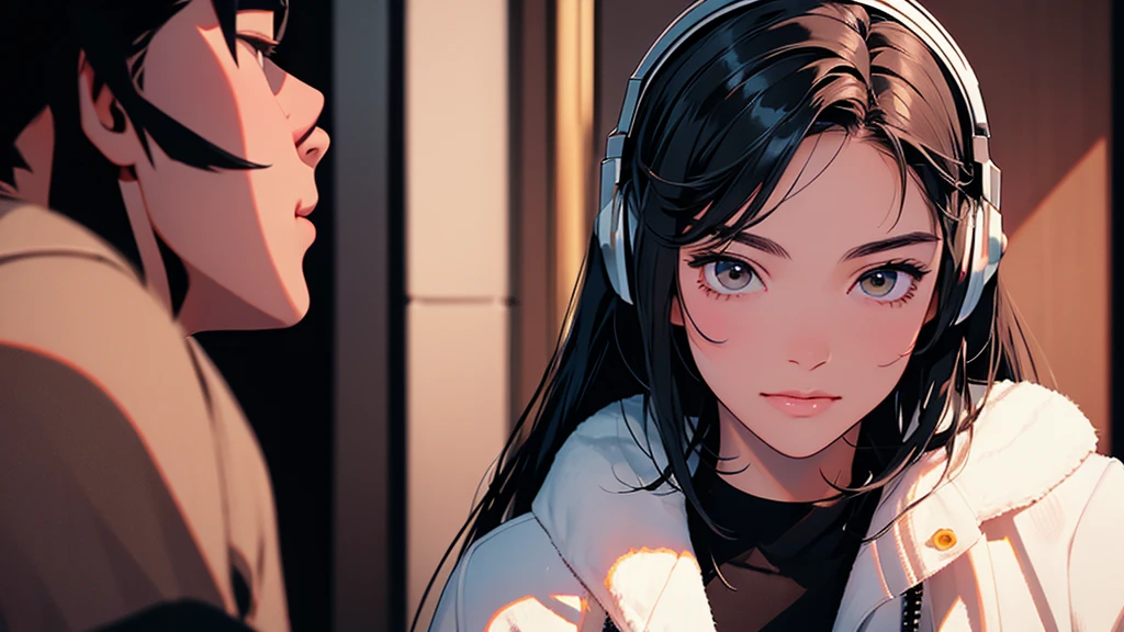 lofi, Battle DJ girl in HIPHOP fashion wearing DJ headphones, High resolution,Super detailed,Realistic,Portraiture,White women,18-year-old,Black Hair, bangs,Hazel Iris,Toned Up,Physically slim,Realistic proportions,Anatomically correct,university student,smile, Pink Cheeks; Intimate distance,Dark soft lighting,hiphop girl,Neon Hair,Textured Trim, (masterpiece,Highest quality),