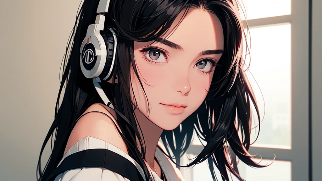 lofi, Battle DJ girl in HIPHOP fashion wearing DJ headphones, High resolution,Super detailed,Realistic,Portraiture,White women,18-year-old,Black Hair, bangs,Hazel Iris,Toned Up,Physically slim,Realistic proportions,Anatomically correct,university student,smile, Pink Cheeks; Intimate distance,Dark soft lighting,hiphop girl,Neon Hair,Textured Trim, (masterpiece,Highest quality),