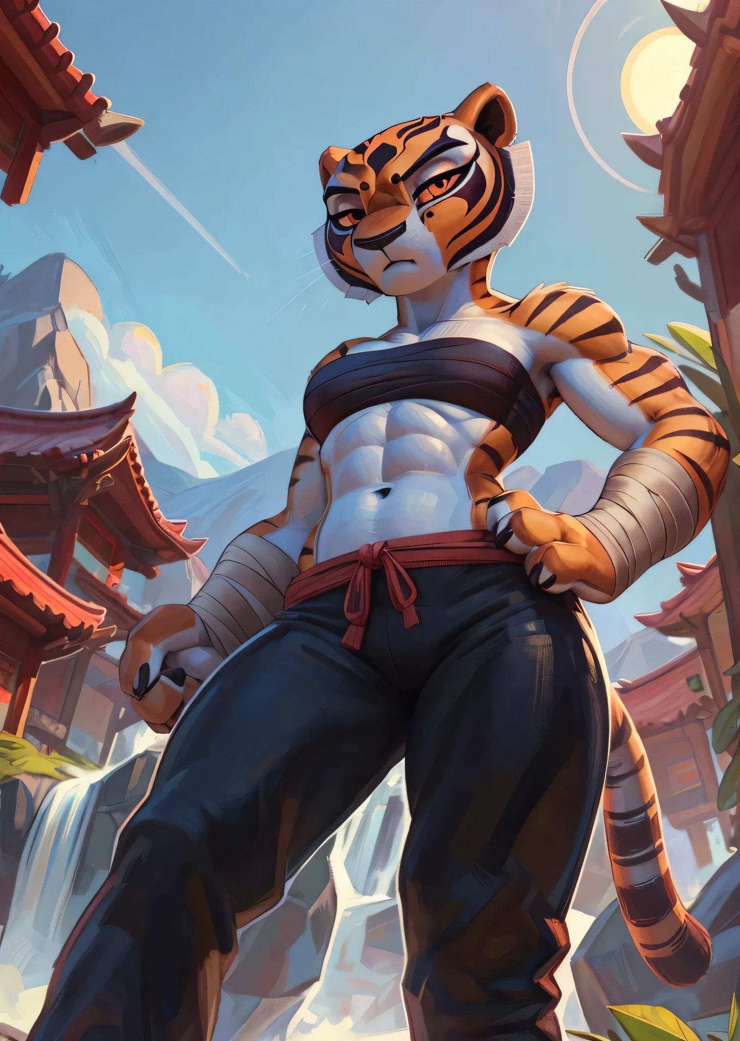 [Master Tigress], [Kung Fu Panda], [By Pixelsketcher], [wamudraws], ((masterpiece)), ((HD)), ((high res)), ((solo portrait)), ((full body)), ((low angle view)), ((feet visible)), ((furry)), ((beautiful render art)), ((soft shading)), {tigress; (slim figure), (cute eyes), (detailed red iris), (curvy hips), (defined abs), (detailed muscles), (beautiful legs), (beautiful feet), (frown), (annoyed expression)}, {(wrapped in bandages), (bandage bandeau), (cleavage), (navel), (red kung fu pants)}, {(standing), (intimidating glare), (looking at viewer)}, [Background; (mountains), (waterfall), (steam), (fog), (blue sky), (sun rays), (ambient lighting)]