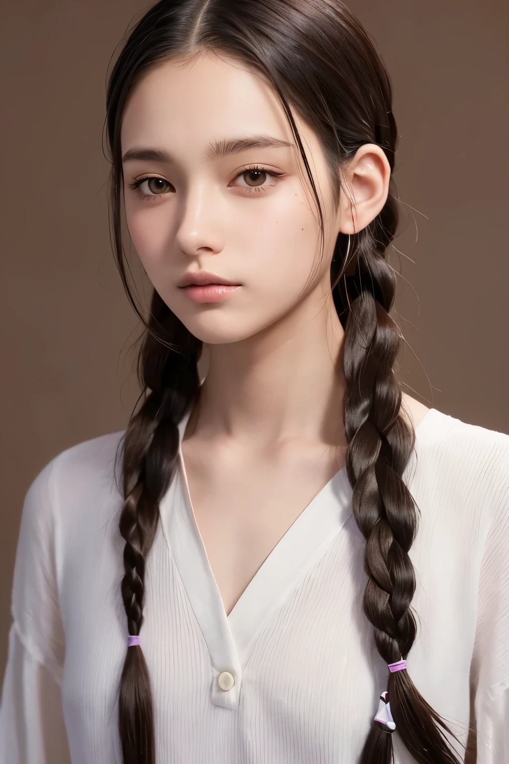 The hair is parted in front and has two braids hanging down to the side. It reaches down to the chest. The hair is black with some chestnut colored parts. The eyes are purple and the hair is droopy. The gender is male. Please make it male. The illustration should be more anime-like.