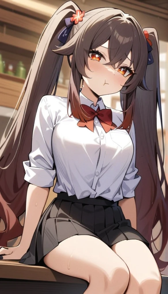 masterpiece, best quality, very aesthetic, absurdres, newest,1girl, pleated skirt, shirt tucked in, tented shirt,hu_tao(genshin impact),hu tao, long brown hair, red eyes, twin tails,,pout,in a restaurant,sitting,floating_hair sex