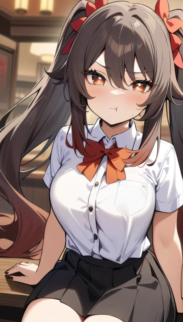 masterpiece, best quality, very aesthetic, absurdres, newest,1girl, pleated skirt, shirt tucked in, tented shirt,hu_tao(genshin impact),hu tao, long brown hair, red eyes, twin tails,,pout,in a restaurant,sitting,floating_hair sex