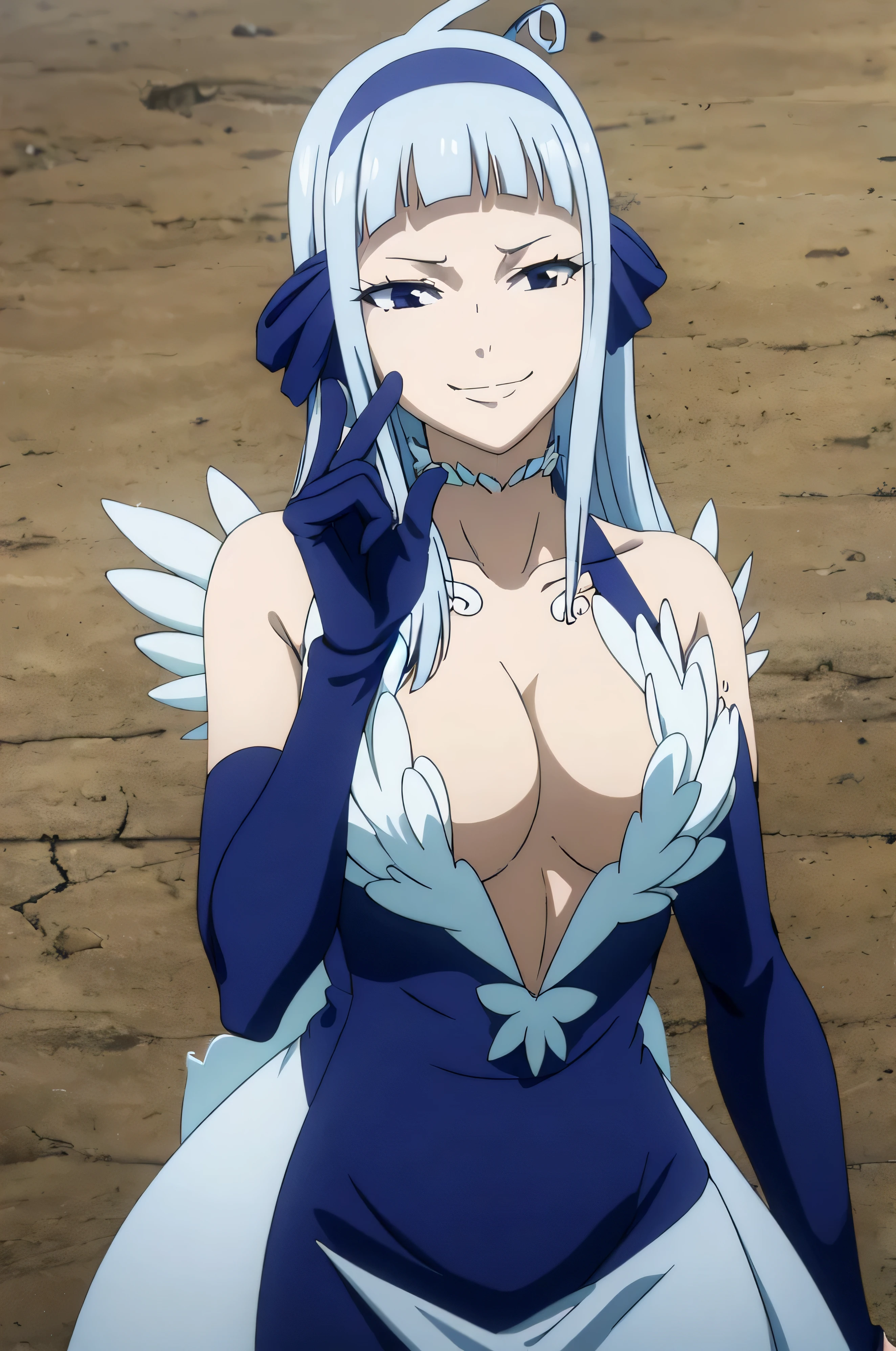 FAIRY TAIL ANGEL, LONG HAIR, BANGS, BLUE HAIR, HAIRBAND, BLUE HAIRBAND, AHOGE, THIGHHIGHS, GLOVES, DRESS, CLEAVAGE, ELBOW GLOVES, WHITE DRESS, 1girl, solo, facing viewer, (evil smile:1.3),Highly detailed CG Unity 8K wallpaper, perfect lighting,laugh at,too evil smile,too evil smirk,looking down at viewer,,smile bad,deep shaded face,too evil fall,dark world background,two hands,five fingers,