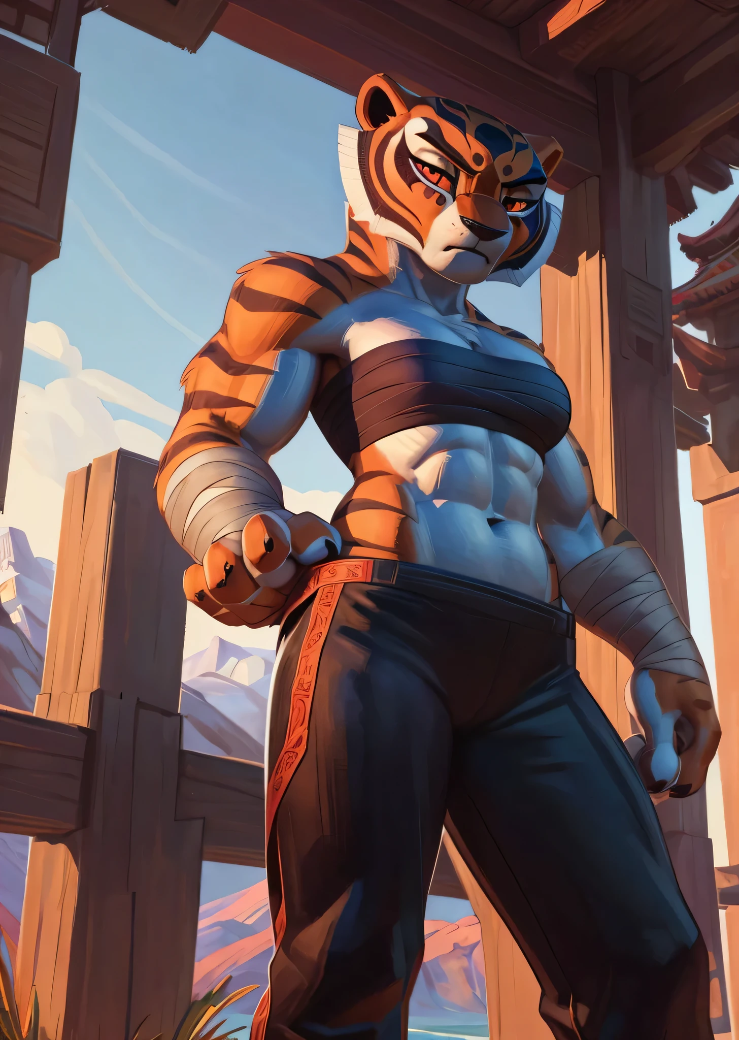 [Master Tigress], [Kung Fu Panda], [By Pixelsketcher], [wamudraws], ((masterpiece)), ((HD)), ((high res)), ((solo portrait)), ((full body)), ((low angle view)), ((feet visible)), ((furry)), ((beautiful render art)), ((soft shading)), {tigress; (slim figure), (cute eyes), (detailed red iris), (curvy hips), (defined abs), (detailed muscles), (beautiful legs), (beautiful feet), (frown), (annoyed expression)}, {(wrapped in bandages), (bandage bandeau), (cleavage), (navel), (red kung fu pants)}, {(standing), (intimidating glare), (looking at viewer)}, [Background; (mountains), (waterfall), (steam), (fog), (blue sky), (sun rays), (ambient lighting)]