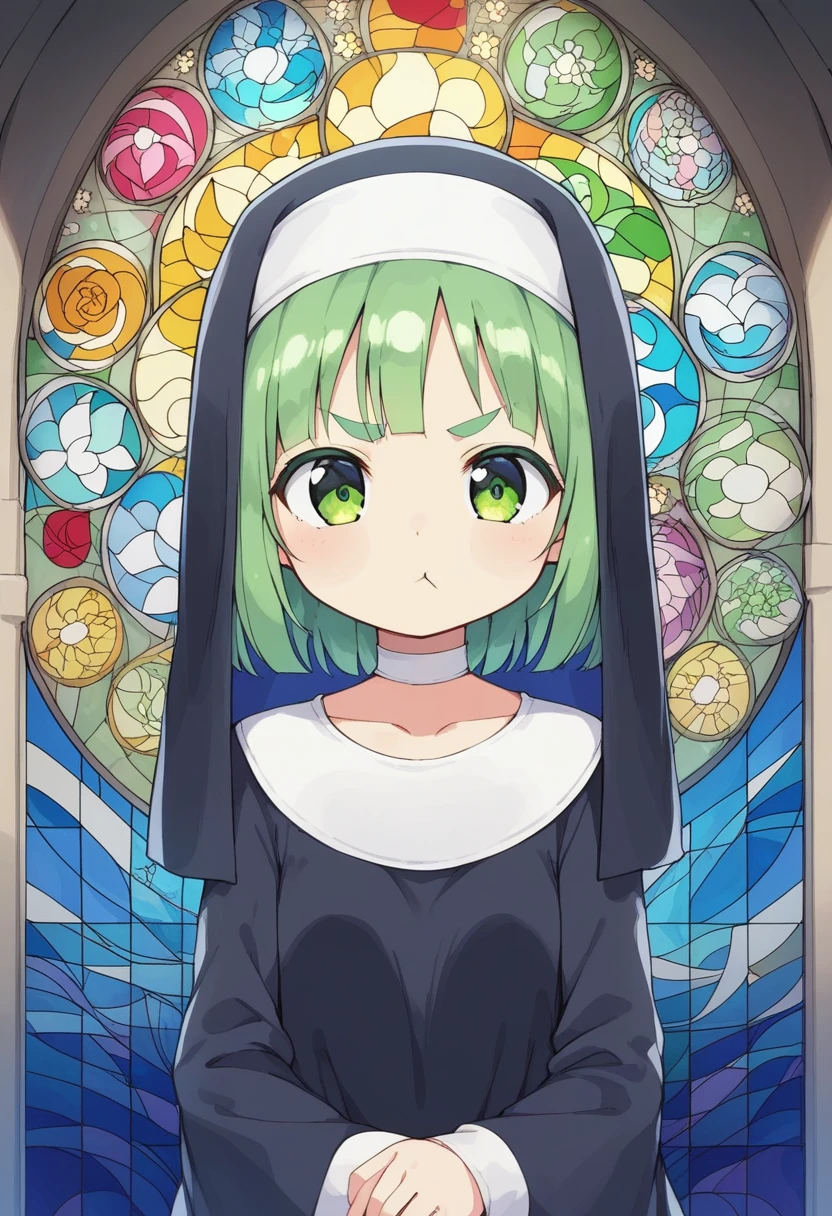 score_9, ,score_7_up, score_6_up, 1girl, source_cartoon, source_anime,breathtalking Scenery,watercolor,smooth soft skin, natural skin,anime screencap,mjm,Bfg
BREAK
(:1.4),(little female child:1.4), small breast,cute face, (lolidler:1.1), 6 yo,kawaii, (highlight on eyes), (jiggly:0.8), shiny skin,
BREAK
(medium green hair:1.3),(green maro eyebrows:1.6),pouty and slightly grumpy,(pout:1.2), ::(, (jitome),(frown:0.6),white streaked hair, green eyes,
BREAK
(Floral print nun dress:1.1), (pastel veil:1.2),choker,nun,butterfly sleeves, excessive detailed collarbone,exposed collarbone, dynamicangle,dynamicpose,shining stained glass,bloom effect,ultra detailed stained glass,
BREAK
Atrium structure,ceiling,(stain glass inspired by leaf mark), (rose shaped stained glass),(music note effect fused with stained glass),(multi-layered grass shaped stained glass),(heart shaped Church windows),nature theme,(Giant stained glass leaf),(Multiple stained glass musical note),tiffany,dust particles, outdoors,pastelcolor,