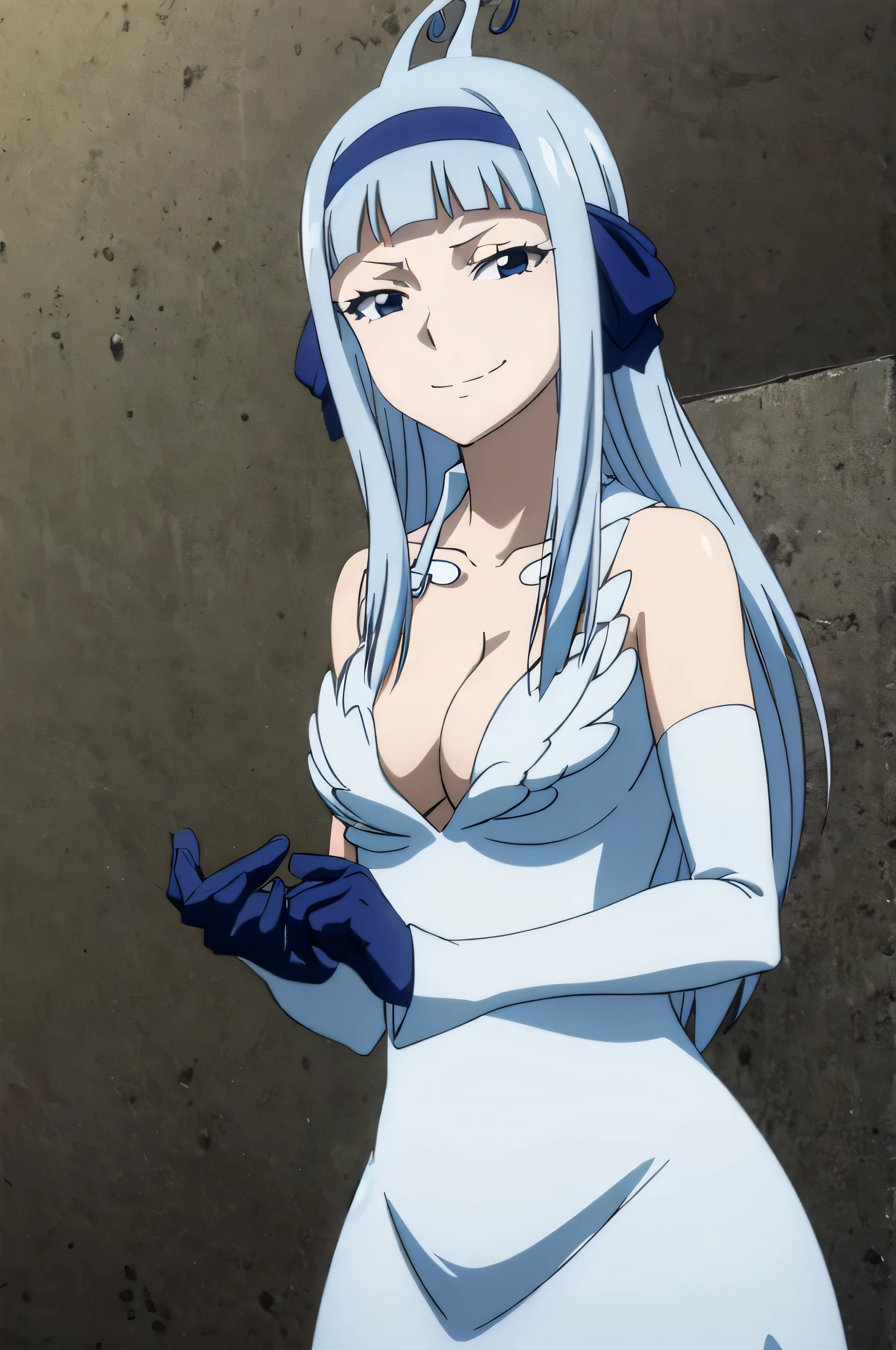 FAIRY TAIL ANGEL, LONG HAIR, BANGS, BLUE HAIR, HAIRBAND, BLUE HAIRBAND, AHOGE, THIGHHIGHS, GLOVES, DRESS, CLEAVAGE, ELBOW GLOVES, WHITE DRESS, 1girl, solo, facing viewer, (evil smile:1.3),Highly detailed CG Unity 8K wallpaper, perfect lighting,laugh at,too evil smile,too evil smirk,looking down at viewer,,smile bad,deep shaded face,too evil fall,dark world background,two hands,five fingers,