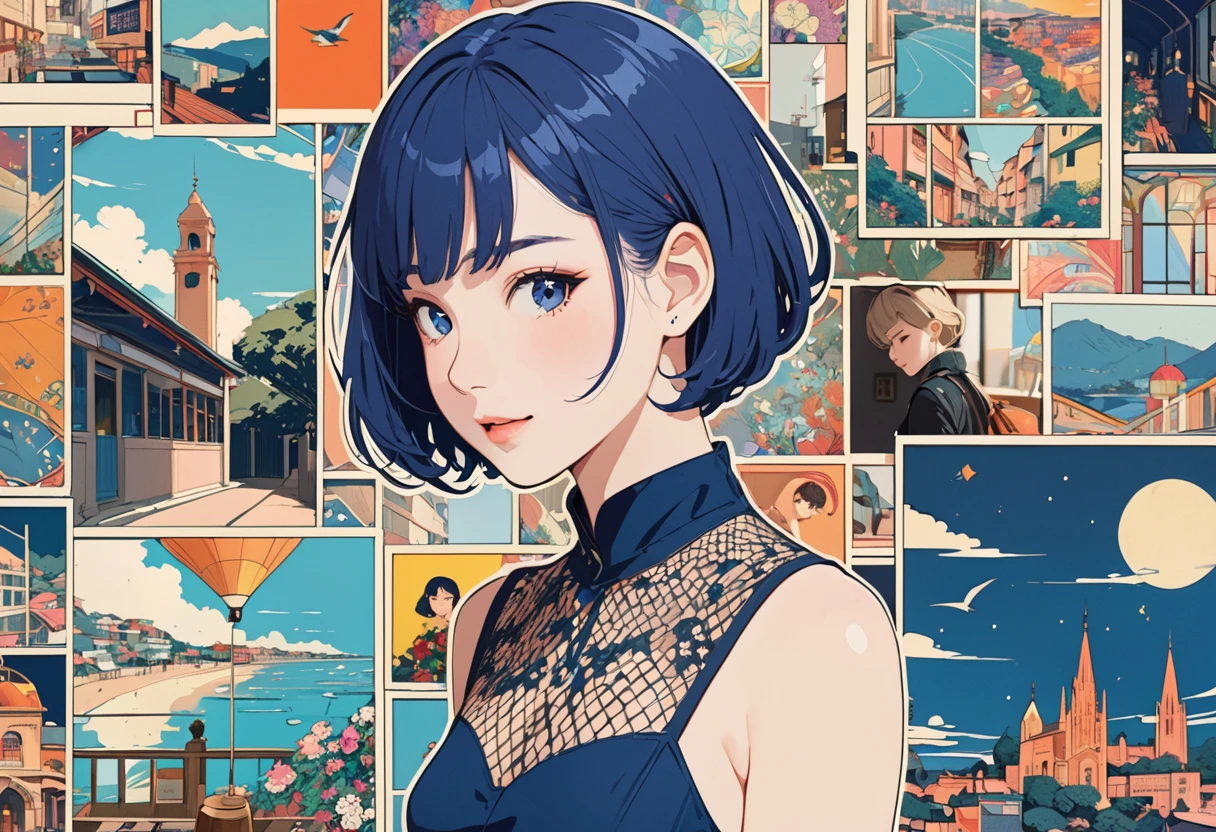 flat color,(masterpiece, best quality:1.1), A girl cheerfully walks down a hallway filled with photos of her life,collage artwork, nostalgic melancholic artwork, collage art, photo collage, inspired by Victo Ngai cmyk palette, collage art background,
BREAK side angle,(girl,,detailed face,(darkblue wavy-short hair),eyebrows,middle small breasts),