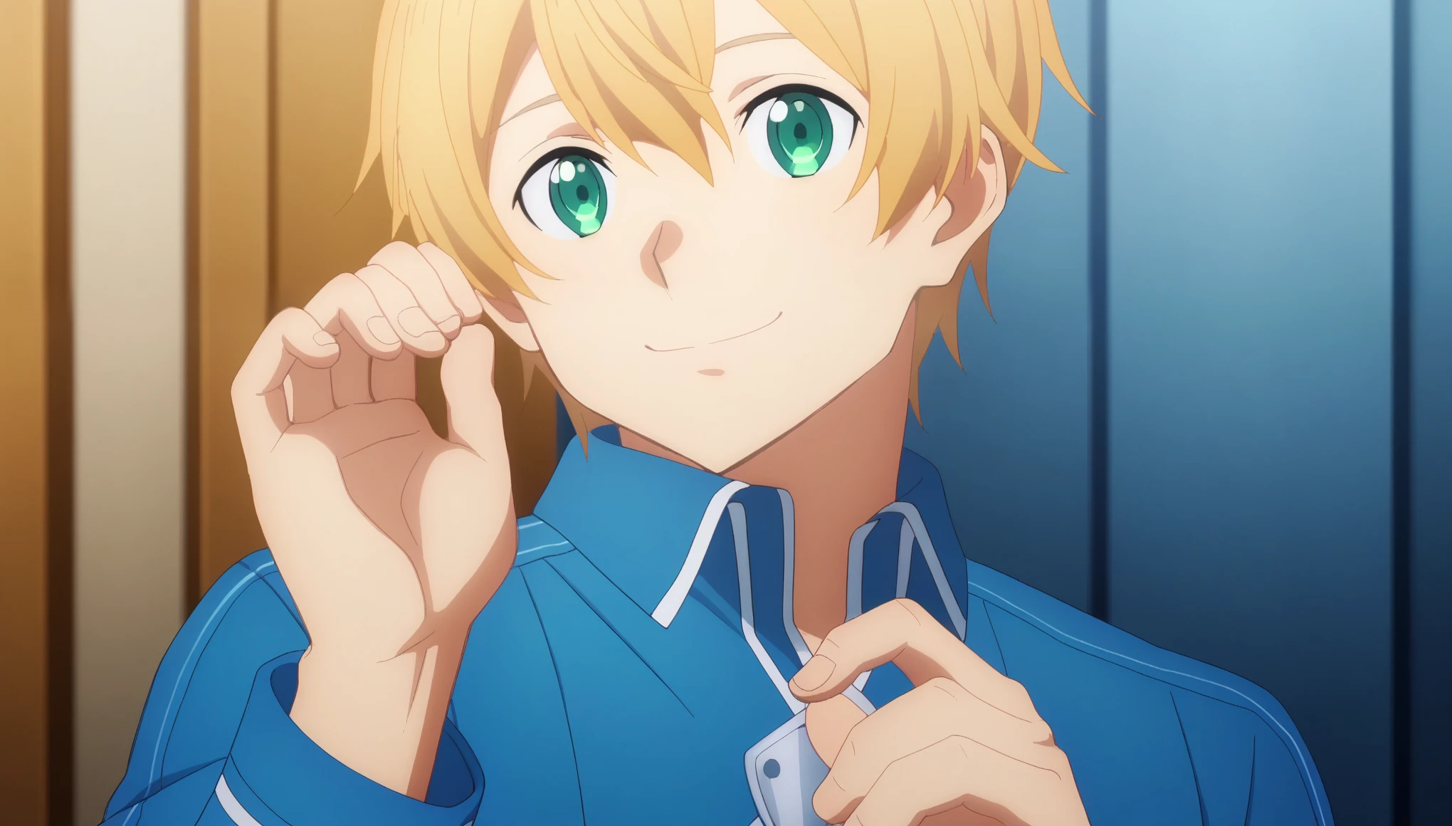 score_9,  eugeo, 1boy, bangs, deepblue hoodie, blue overcoat, blonde hair, blue eyes, smile, eugeo, green eyes, long sleeves, looking at viewer, male focus, blue pants, solo