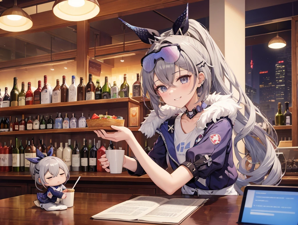 masterpiece, Highest quality, (1 beautiful girl :1.2), Silver Hair, 24-years-old, Medium chest, Standard weight, Casual clothing, Grin:1.3, Red nose :1.1, Drunk, close your eyes, Beautiful scenery in the bar, Blurred Background, Amazing panoramic views, Drinking alcohol, close