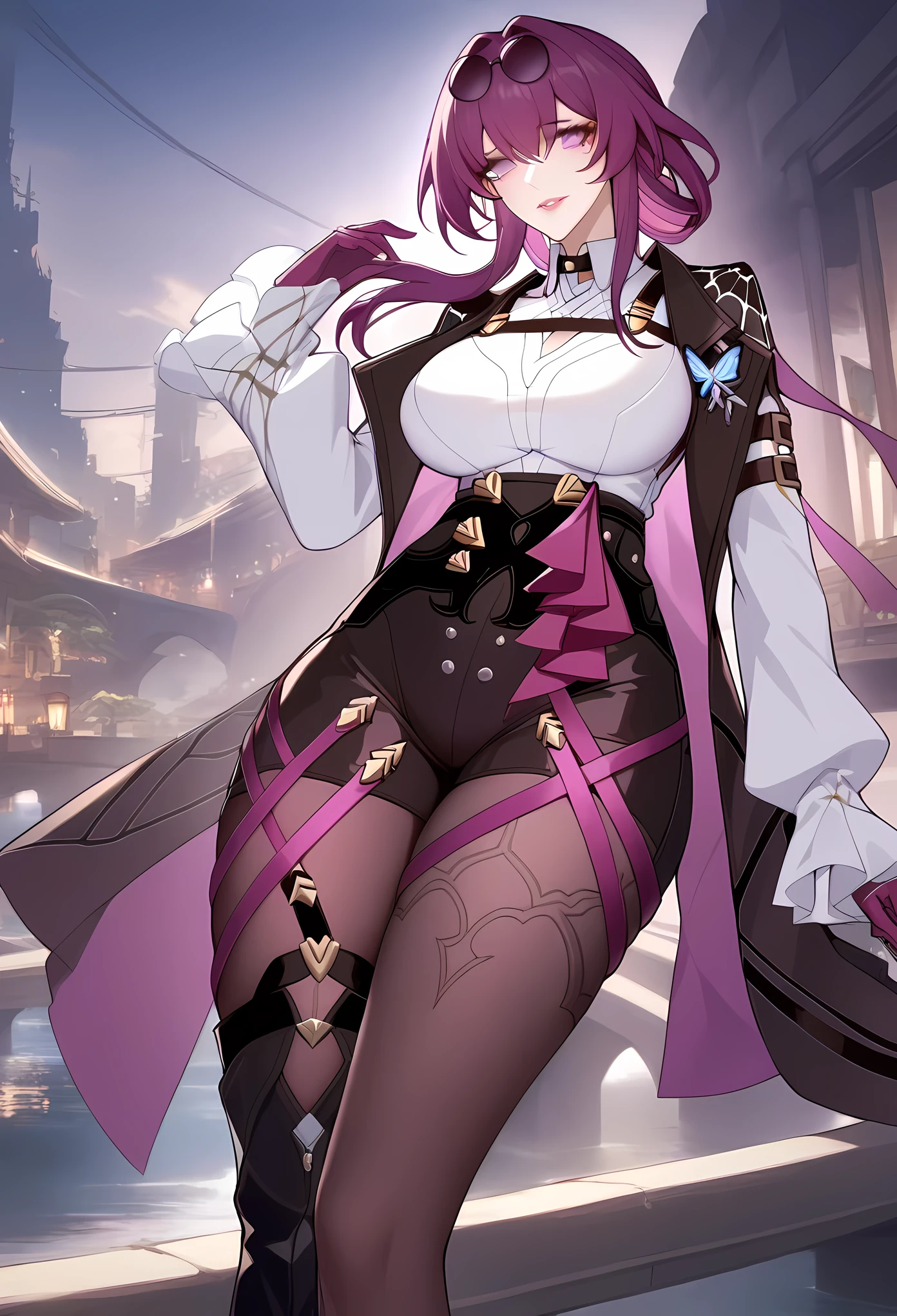 masterpiece, best quality, very aesthetic, absurdres, 1girl, mature_lady,,kafka_(honkai:_star_rail), honkai:_star_rail, honkai_(series), 1girl, butterfly_ornament, eyewear_on_head, hair_between_eyes, large_breasts, long_hair, purple_eyes, purple_hair, round_eyewear, sidelocks, asymmetrical_legwear, belt, arm_belt, black_jacket, black_shorts, boots, collared_shirt, gloves, high-waist_shorts, jacket, knee_boots, multiple_belts, open_clothes, open_jacket, pantyhose, pantyhose_under_shorts, purple_gloves, purple_pantyhose, shirt, short_shorts, shorts,on bridge,over a river,,floating_clothes,