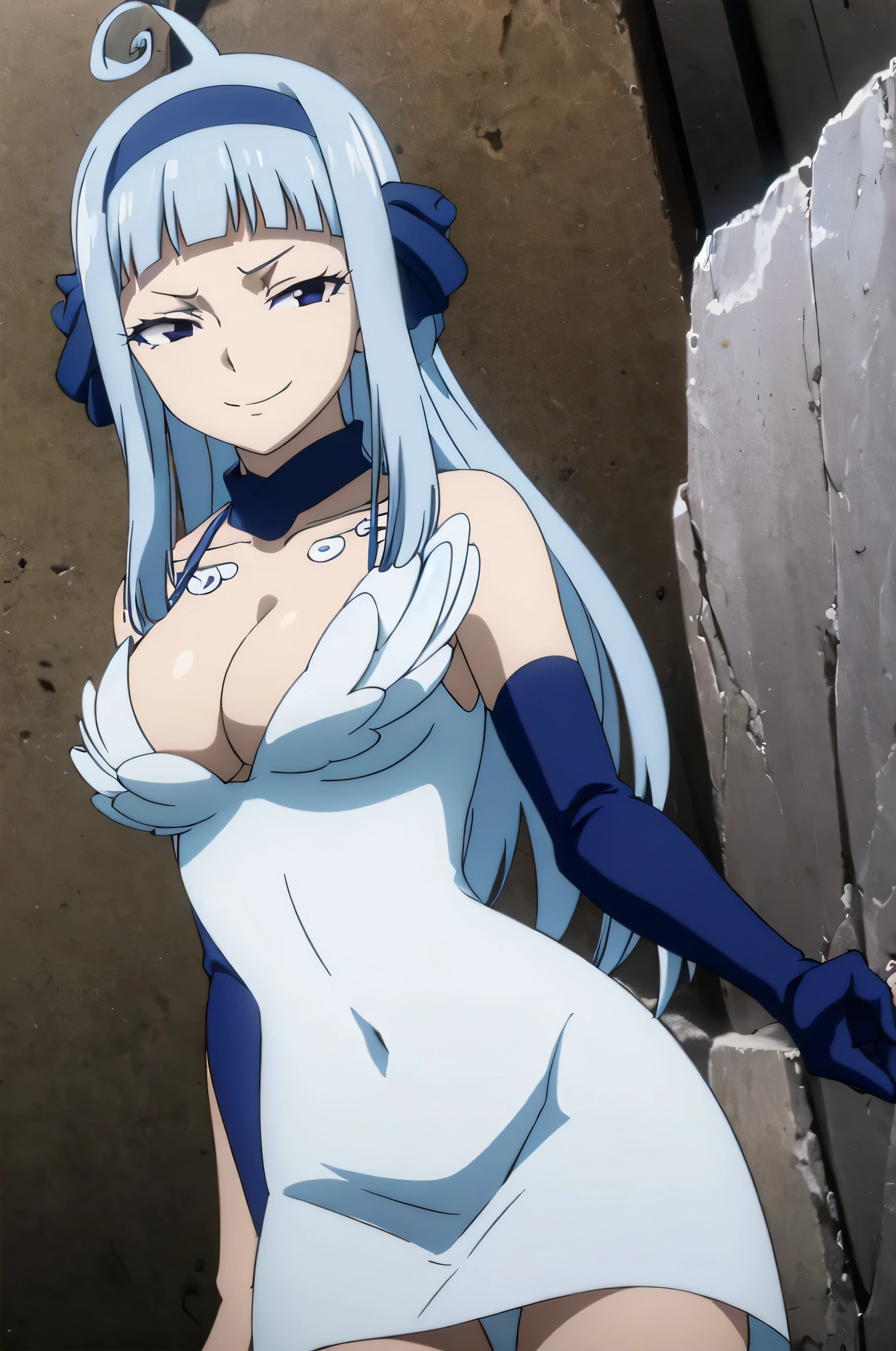 FAIRY TAIL ANGEL, LONG HAIR, BANGS, BLUE HAIR, HAIRBAND, BLUE HAIRBAND, AHOGE, THIGHHIGHS, GLOVES, DRESS, CLEAVAGE, ELBOW GLOVES, WHITE DRESS, 1girl, solo, facing viewer, (evil smile:1.3),Highly detailed CG Unity 8K wallpaper, perfect lighting,laugh at,too evil smile,too evil smirk,looking down at viewer,,smile bad,deep shaded face,too evil fall,dark world background,two hands,five fingers,