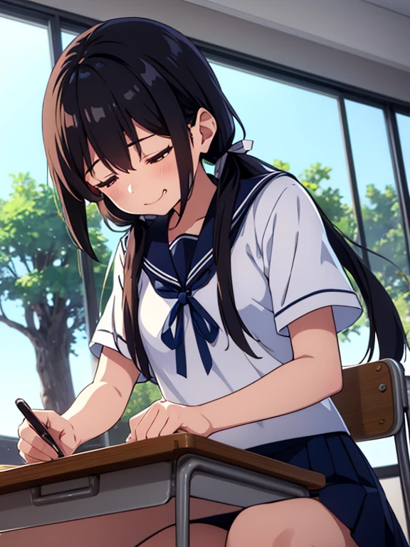 1girl, sitting, leaning forward, (looking down:1.8), (giggling:1.2), (closed eyes:1.4), laugh, close mouth,yo, movement,
classroom, indoors, school chair, school desk, (low twintails girl), low pigtails, hair ribbon  white, very long black hair,
white serafuku with blue ribbon, navy-blue collar, navy-blue skirt,
(dark brown eye), afternoon, summer,
school,
(from front:1.2), upper body, from slightly above,
anime, high brightness, detailed face, detailed eyes,
(high quality, ultra detailed, masterpiece, FHD)