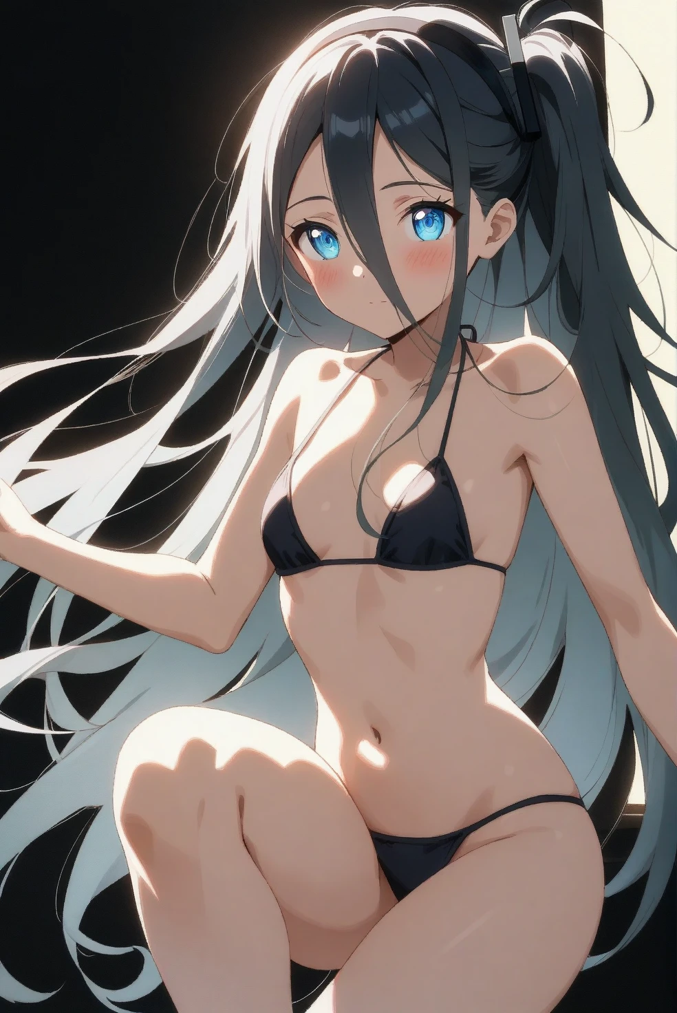 best quality, amazing quality, very aesthetic, absurdres, (1girl, aris, blue archive, solo, blue eyes), (realistic face:0.9),(string bikini:1.8), ( blush, thigh:1.3), (cowboy shot), (glowing eyes), (half closed eyes:0.9), (ass), (official art:1.3), (pool), expressive eyes, perfect face, extremely detailed eyes, perfect anatomy, smooth skin, (black background:1.5), clear eyes, beautiful face, small breasts, (anime style:1.7), (Warm Light:1.5), (highres:2), (Chiaroscuro), watercolor