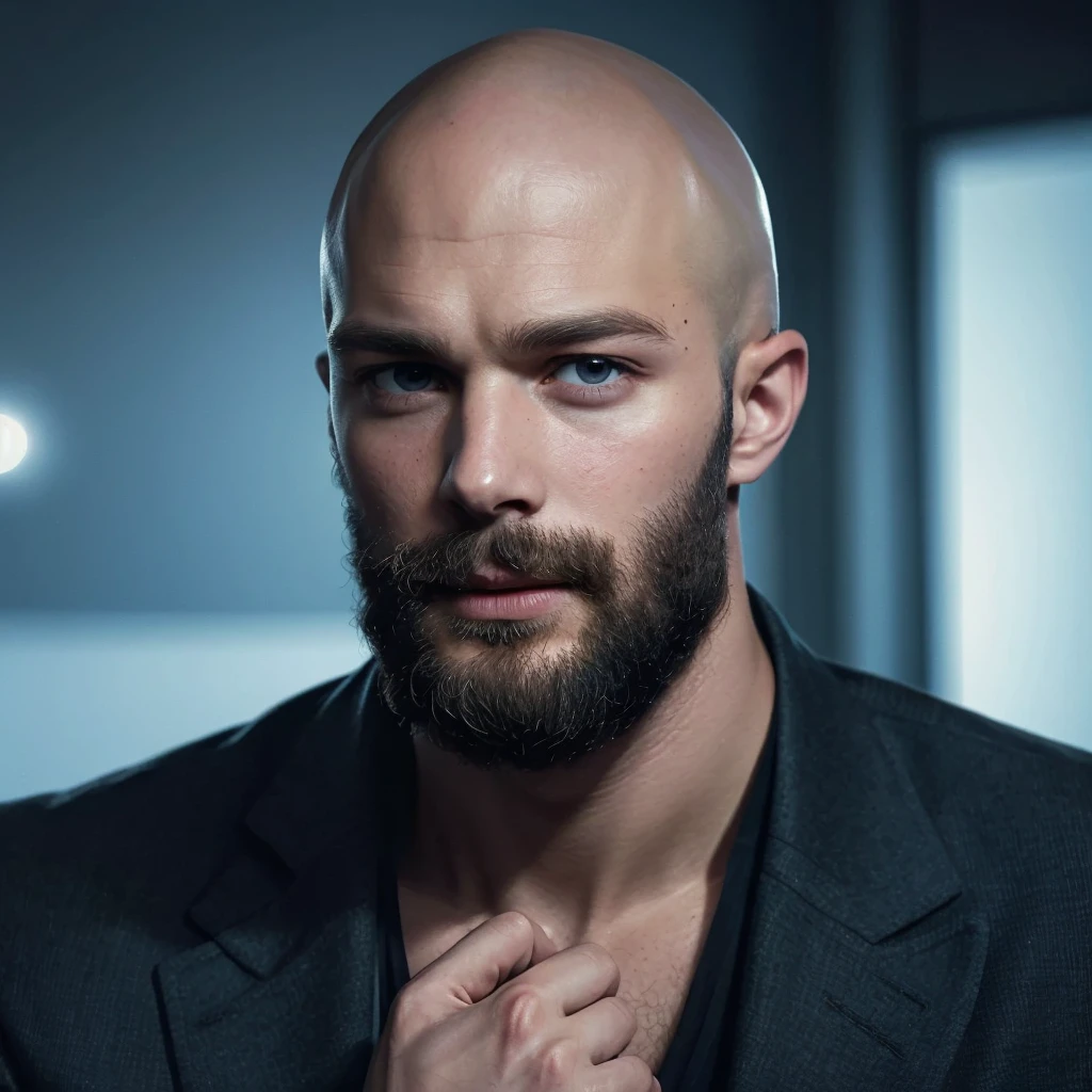 Jamie dornan, an award winning photograph of a (handsome man:1.1), detailed, trending on artstation. Bald. Bearded chin. Remove hand from image.
