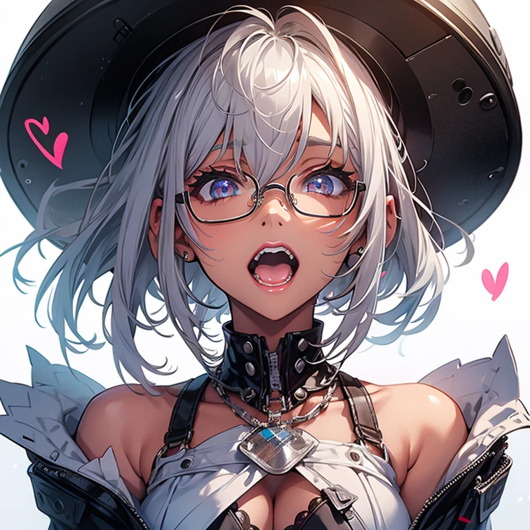 Highest quality,Highest Resolution,One Woman,Big Breasts,Short Bob,Very beautiful eyes,whole body,Glasses,Colorful,Silver Hair,Brown Skin