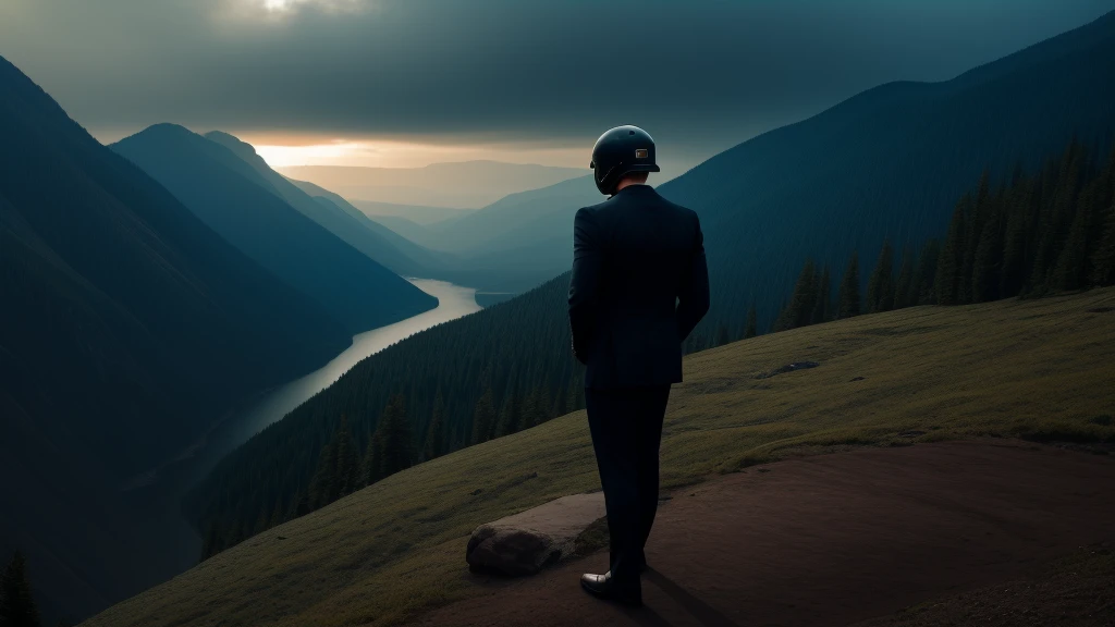 A Luxury Sales Suit man wearing a black rider full-face helmet overlooking wilderness,full body,standard rider black full face helmet,back view of the man, background is a wilderness,a man overlooking wilderness,a man overlooking wilderness,a man overlooking wilderness,a man overlooking wilderness,a man overlooking wilderness,full body,full body,full body,full body,with black rider full-face helmet,with black rider full-face helmet,with black rider full-face helmet,wearing black rider full-face helmet,wearing black full-face helmet,wearing black full-face helmet,overlooking wilderness,overlooking wilderness,Back view,Back view,Back view,Back view,Draw people small,Draw people small,Spectacular views,Spectacular views,Spectacular views,lonely man,lonely man,a black full-face helmet,a black full-face,A Luxury Sales Suit man,with Luxury Sales Suit