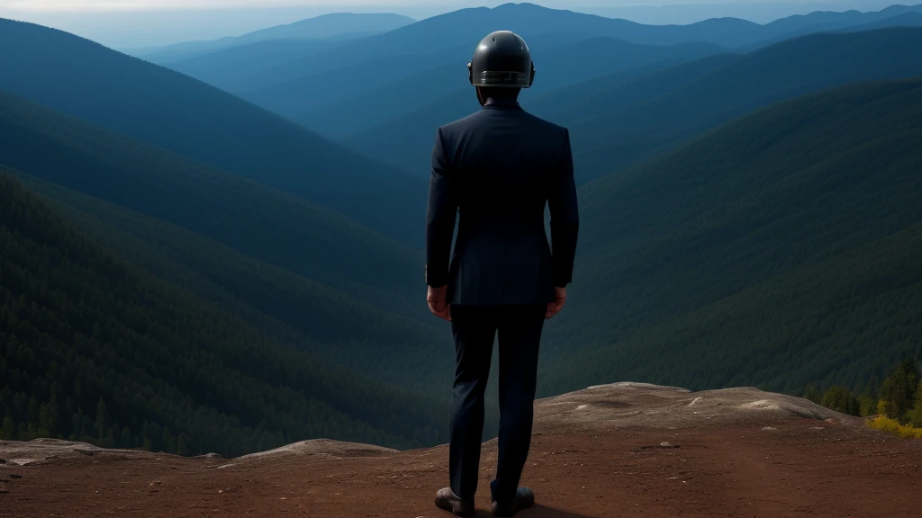 A Luxury Sales Suit man wearing a black rider full-face helmet overlooking wilderness,full body,standard rider black full face helmet,back view of the man, background is a wilderness,a man overlooking wilderness,a man overlooking wilderness,a man overlooking wilderness,a man overlooking wilderness,a man overlooking wilderness,full body,full body,full body,full body,with black rider full-face helmet,with black rider full-face helmet,with black rider full-face helmet,wearing black rider full-face helmet,wearing black full-face helmet,wearing black full-face helmet,overlooking wilderness,overlooking wilderness,Back view,Back view,Back view,Back view,Draw people small,Draw people small,Spectacular views,Spectacular views,Spectacular views,lonely man,lonely man,a black full-face helmet,a black full-face,A Luxury Sales Suit man,with Luxury Sales Suit