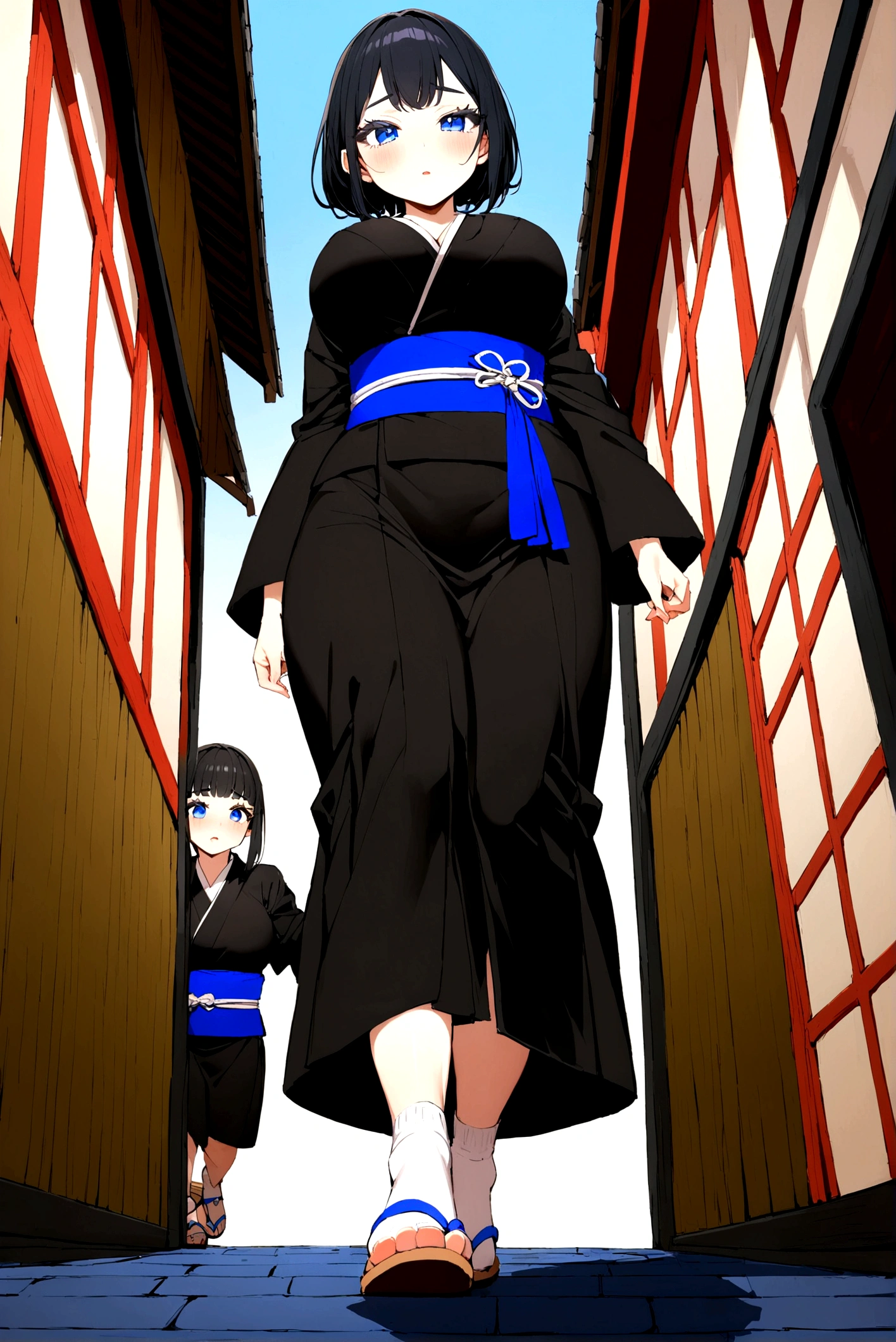 ************ girl with black hair mixed with blue colour from below thick eyelashes with dark blue eyes big size breasts and red cheeks wearing black Kimono with blue belt and blue outlines with brown sandals and long white socks long sleeves walking in a Japanese village looking so shy 