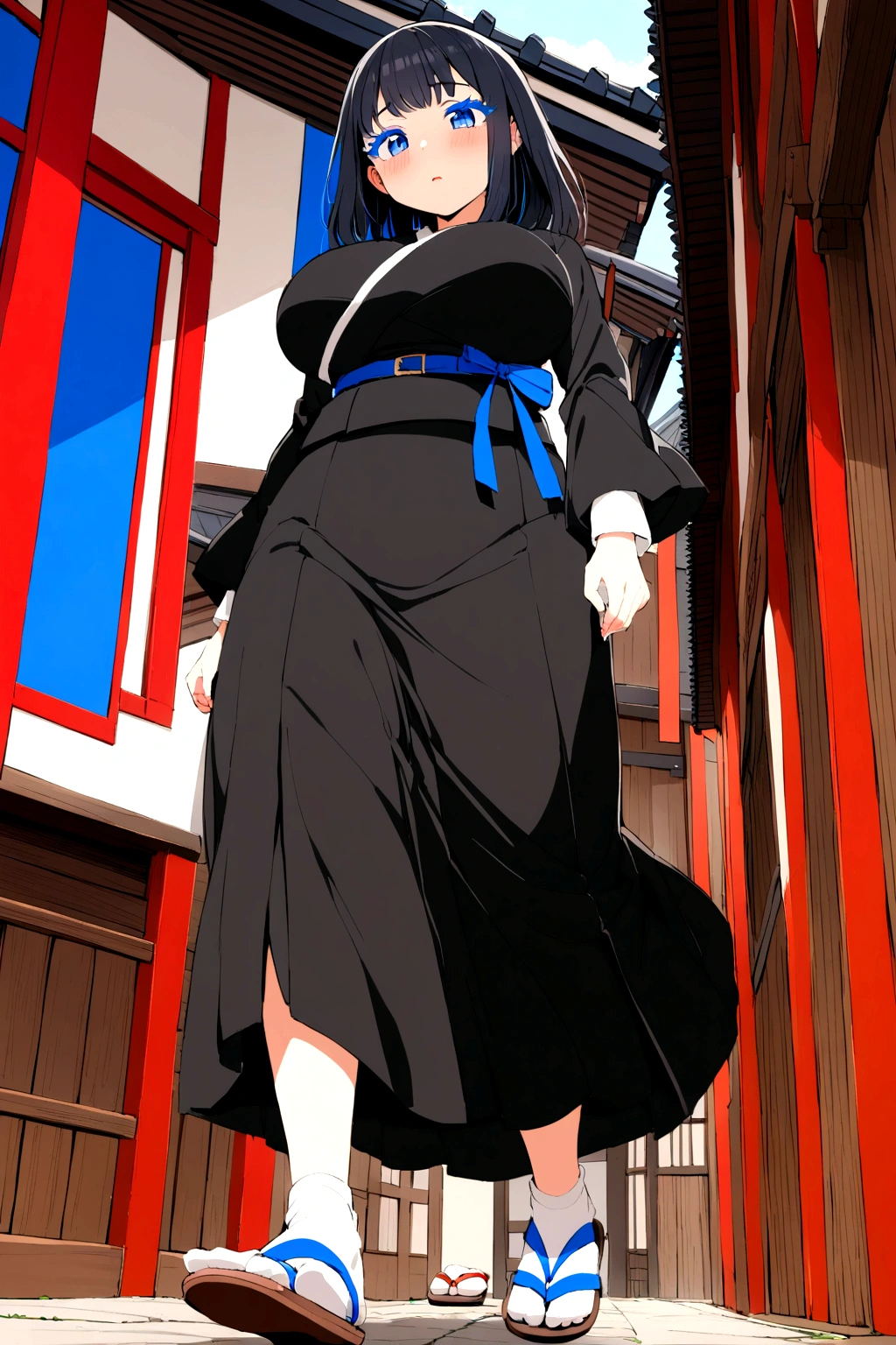 ************ girl with black hair mixed with blue colour from below thick eyelashes with dark blue eyes big size breasts and red cheeks wearing black Kimono with blue belt and blue outlines with brown sandals and long white socks long sleeves walking in a Japanese village looking so shy 