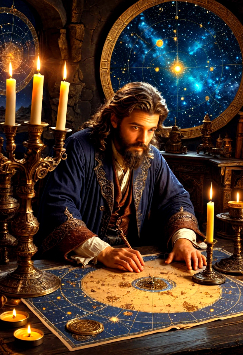 1boy, Astrologer, MAGIC: Ancient WIZARD reading a Map of the Constellations, telescope, candles, on a table, Epic cinematic brilliant stunning intricate meticulously detailed dramatic atmospheric maximalist digital matte painting, masterpiece, best quality, very aesthetic, absurdres