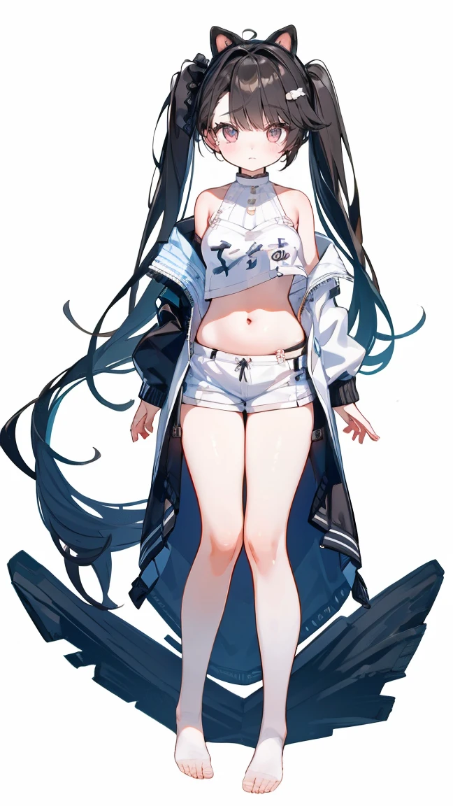 （Vtuber Standing Pictures）、（Standing picture on the front）、、One Girl, underside_greenarchive, bedazzling eye, Expose 胃, Exposeしたへそ, Naked tummy, eye, Expose ,  amount、 green_eye, black_hair, Hello, have, Jacket、Shoulder Bare、feet、White Background, whole body、Twin tails、Shorts、