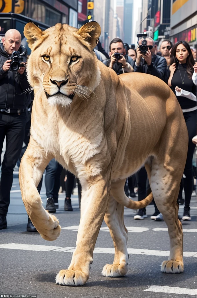 A very powerful lioness parading in New York and lots of paparazzi