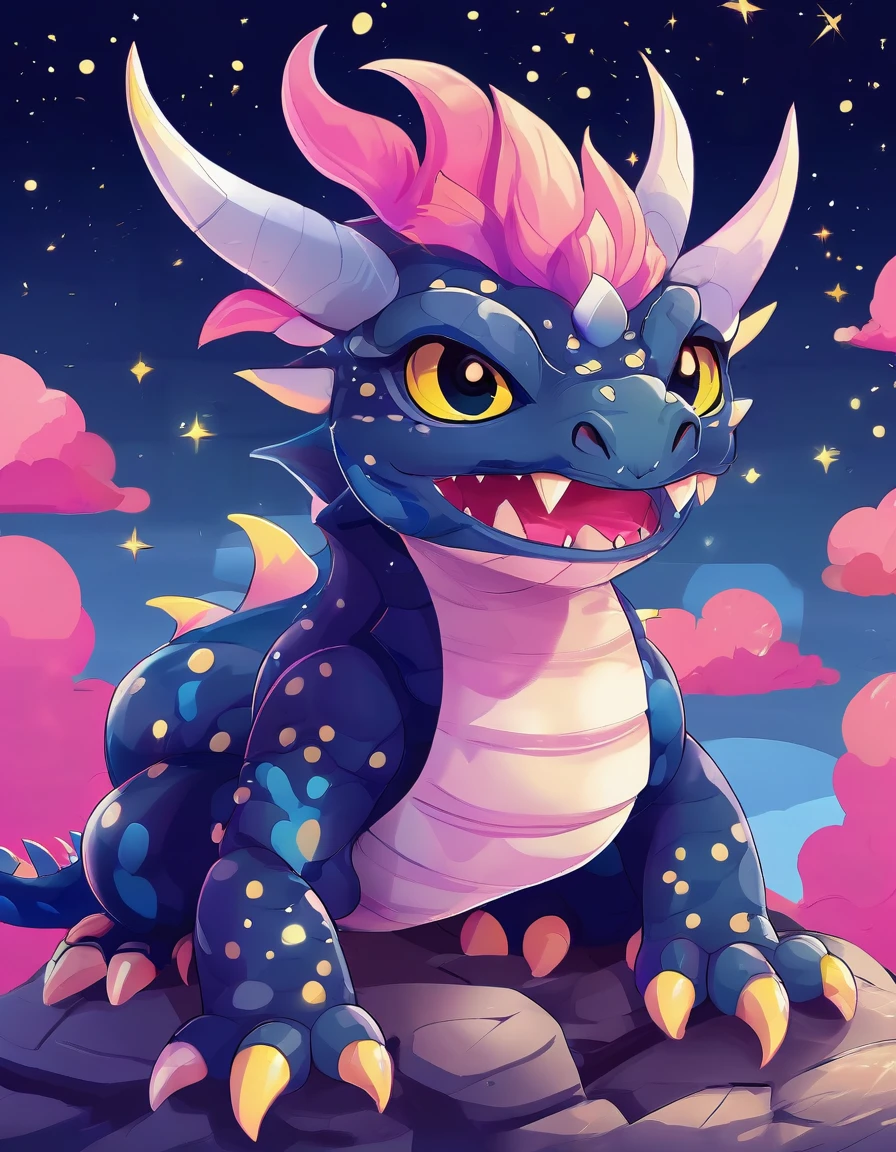 Image is a digital illustration of a dragon-like creature with a fierce expression. The creature has a black and yellow color scheme, with a large, muscular body and sharp, white claws. Its head features a prominent, open mouth with sharp teeth, a pink tongue, and a blue horn on top. The background is a night sky with stars and clouds, adding a mystical atmosphere to the scene. The art style is reminiscent of anime or manga, with bold lines and vibrant colors.