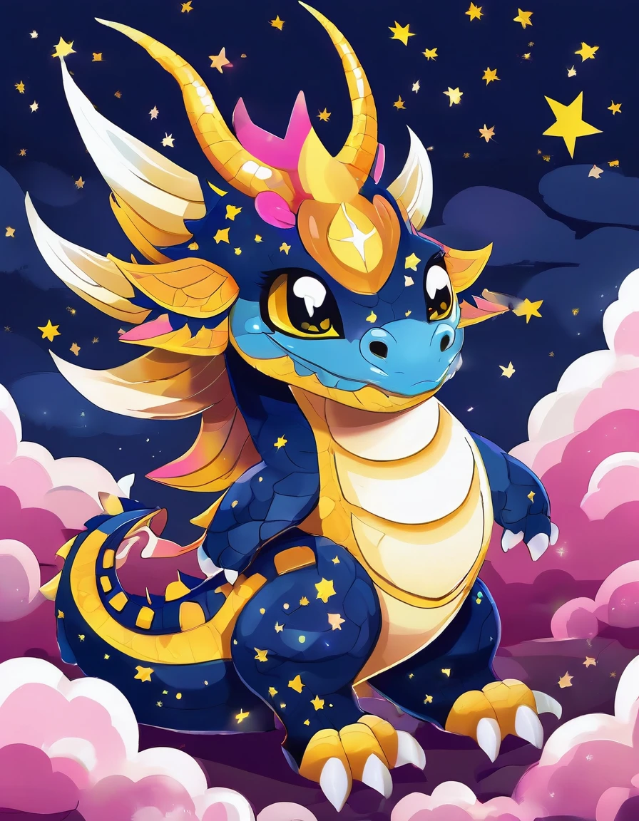 Image is a digital illustration of a dragon-like creature with a fierce expression. The creature has a black and yellow color scheme, with a large, muscular body and sharp, white claws. Its head features a prominent, open mouth with sharp teeth, a pink tongue, and a blue horn on top. The background is a night sky with stars and clouds, adding a mystical atmosphere to the scene. The art style is reminiscent of anime or manga, with bold lines and vibrant colors.