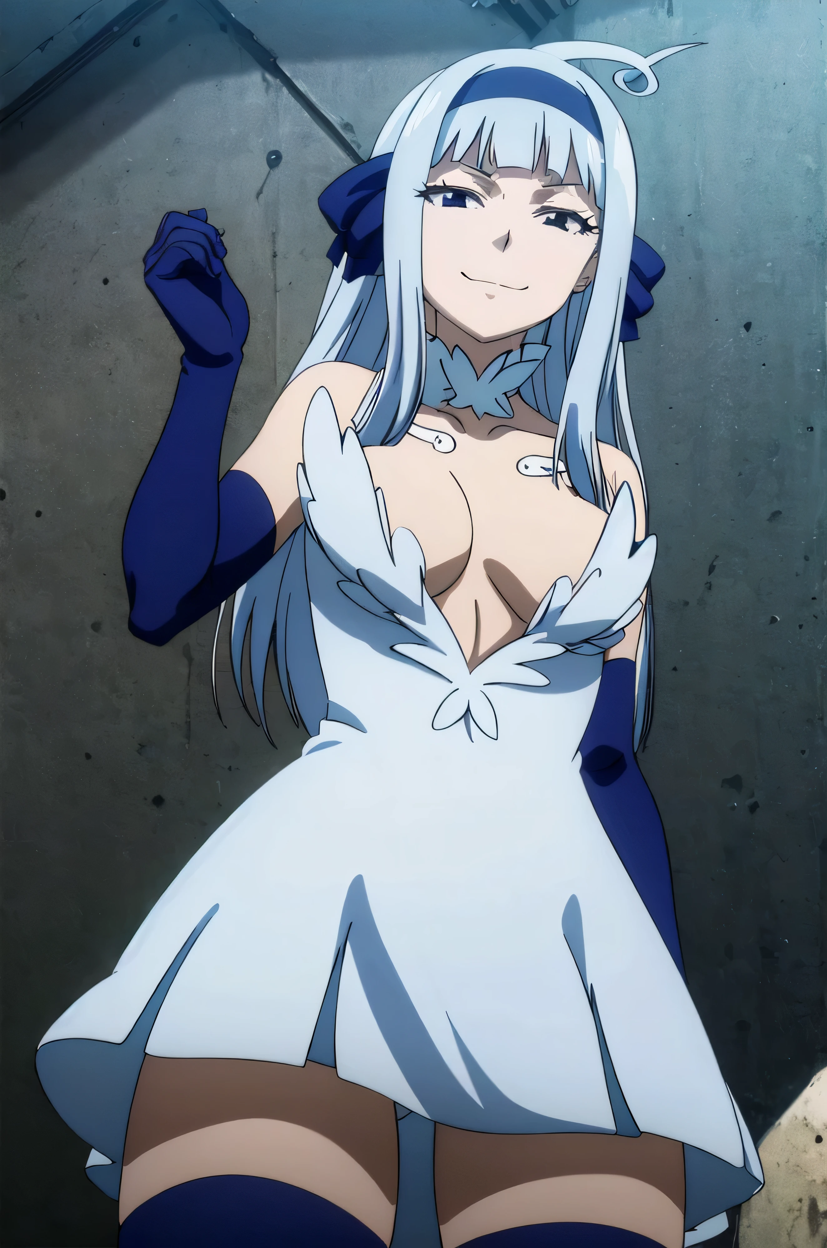 FAIRY TAIL ANGEL, LONG HAIR, BANGS, BLUE HAIR, HAIRBAND, BLUE HAIRBAND, AHOGE, THIGHHIGHS, GLOVES, DRESS, , ELBOW GLOVES, WHITE DRESS, 1girl, solo, facing viewer, (evil smile:1.3),Highly detailed CG Unity 8K wallpaper, perfect lighting,laugh at,too evil smile,too evil smirk,looking down at viewer,,smile bad,deep shaded face,too evil fall,dark world background,two hands,five fingers,