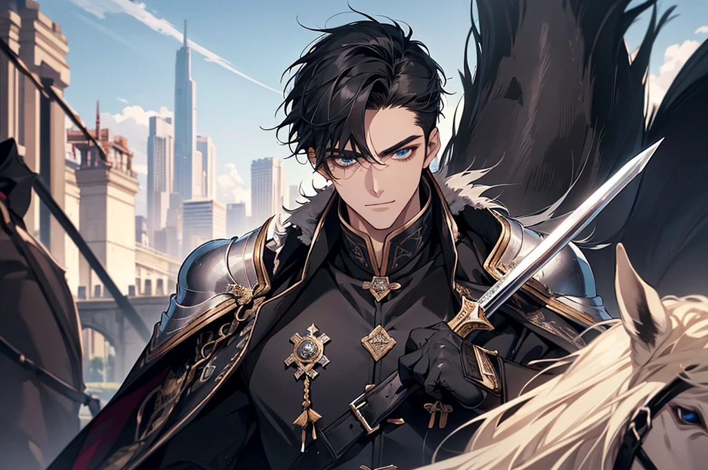 There was a knight up there., Masterpiece, Highest quality, war, cold weather, realistic, 1 person, mature man, A quiet and charming young man., 30 years old, Portrait, Highly detailed face, cool and smile, ((blue eyes)), ((black short hair)), [Thick eyebrows], holding a crescent repeater,Lipo,Fang Tian Hua Ji, ((black long coat)), ((all black)), (blue eyes) ,Short Black Quiff Hair with Soft Fringe, handsome , muscle, Facial expressions, Black Knight Armor ,Fang Tian Hua Ji, black wool shawl(Masterpiece,best quality,special, (Broad shoulders)) (muscle), focus man,ride a horse,holding a halberd to pierce the sky, His black spear rose.., . Describe the man.&#39;Appearance., Details of his sword, Characteristics and characteristics of monsters, and convey the tension and power of the encounter..."