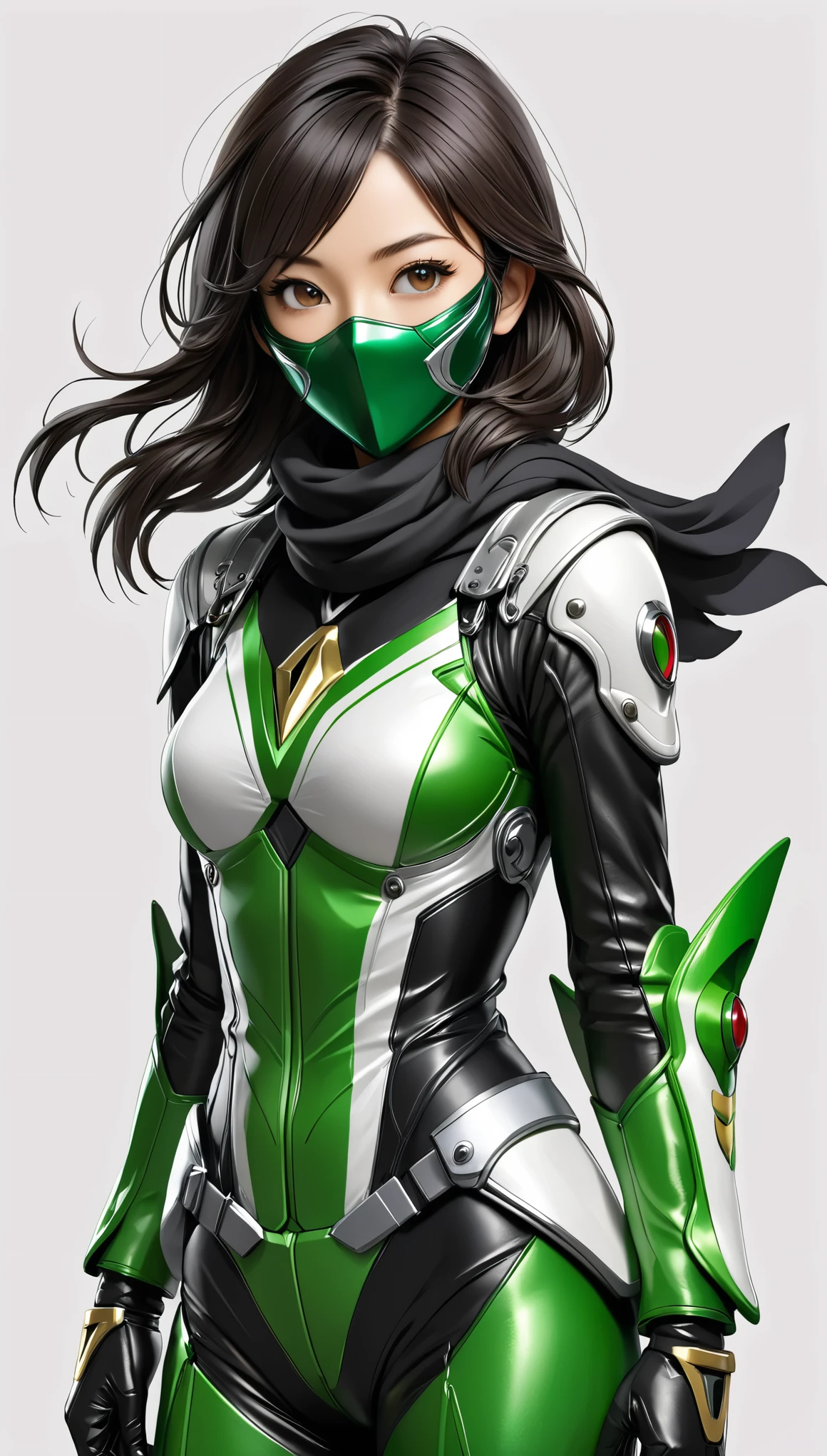 Kamen Rider W design、Model standing、Scarves fluttering、female system、Simple Background、monochromatic、high resolution、Masterpiece、