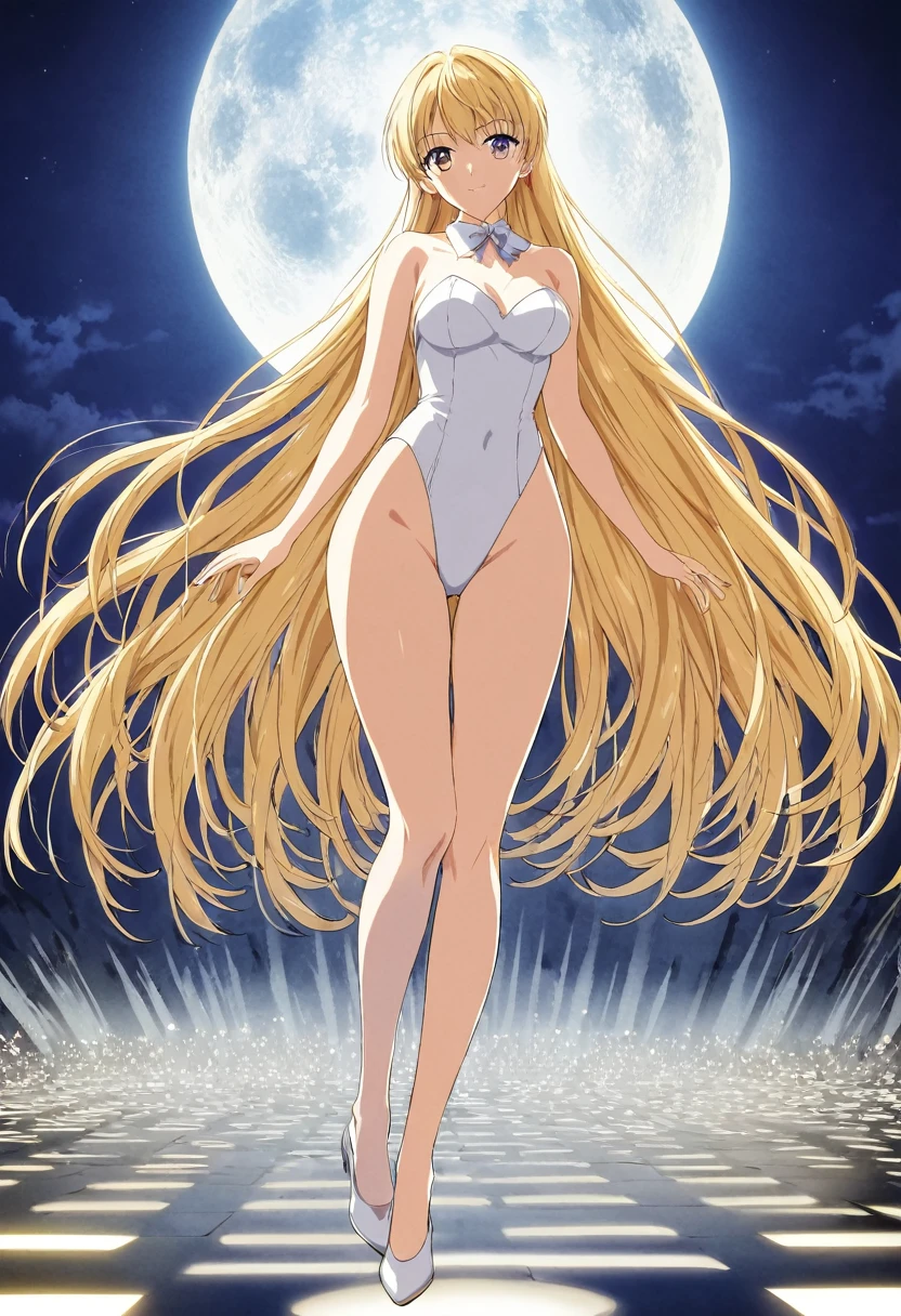 alone, One girl, masterpiece, Highest quality, Very detailed, Cinema Lighting, Exquisite detail, High resolution, Official Art, Fine and beautiful m, High resolutionのイラスト, 8K, Dark intense shadows, Exposure,tsukino usagi, Long twin tails, blonde, (White leotard:1.6), Full Body Shot, full moon