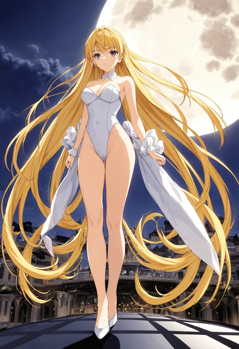 alone, One girl, masterpiece, Highest quality, Very detailed, Cinema Lighting, Exquisite detail, High resolution, Official Art, Fine and beautiful m, High resolutionのイラスト, 8K, Dark intense shadows, Exposure,tsukino usagi, Long twin tails, blonde, (White leotard:1.6), Full Body Shot, full moon