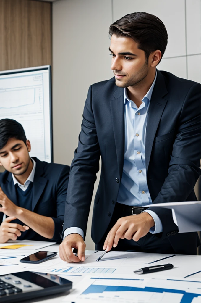Create an image of a meeting where a young financial advisor is giving a lecture
