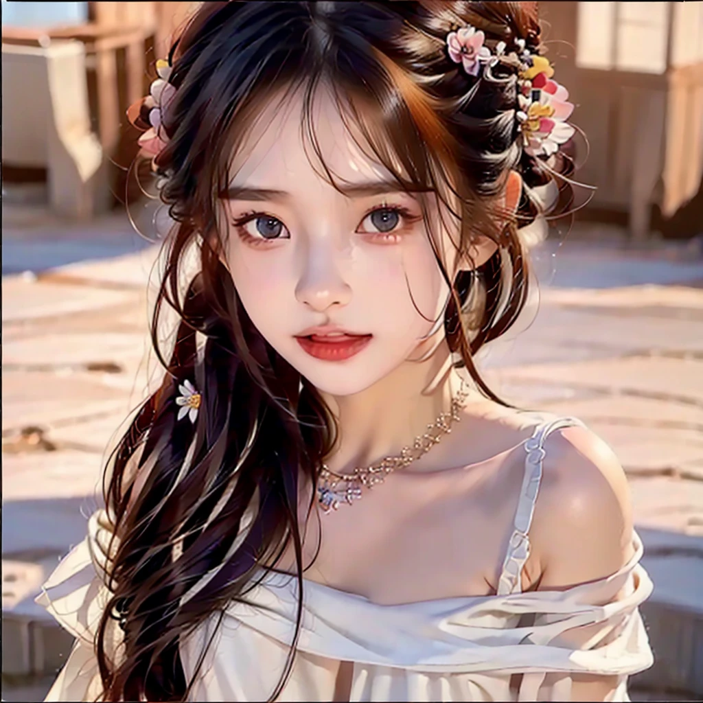 (msterpiece:1.3), (8k, RAW photo, best quality: 1.4), beautiful face, beautiful hairstyle, beautiful detailed eyes, beautiful skin, absurdres, attractive, ultra high res, highly detailed,NSFW, 3 girls in abandoned underground basement, big breast,facial close up,necklace,arms behind back,evil smile,knife,light long hair, ultra detailed skin,Heavy makeup, flower hairpin, naked,colorful patterned lace dress, dirty ground,on a rock,bondage,dirty rock,half body,