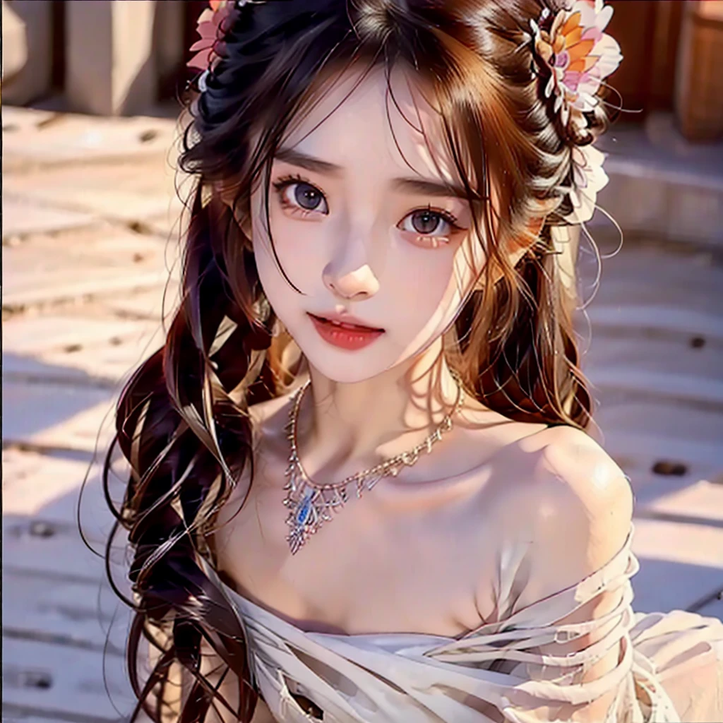 (msterpiece:1.3), (8k, RAW photo, best quality: 1.4), beautiful face, beautiful hairstyle, beautiful detailed eyes, beautiful skin, absurdres, attractive, ultra high res, highly detailed,NSFW, 3 girls in abandoned underground basement, big breast,facial close up,necklace,arms behind back,evil smile,knife,light long hair, ultra detailed skin,Heavy makeup, flower hairpin, naked,colorful patterned lace dress, dirty ground,on a rock,bondage,dirty rock,half body,