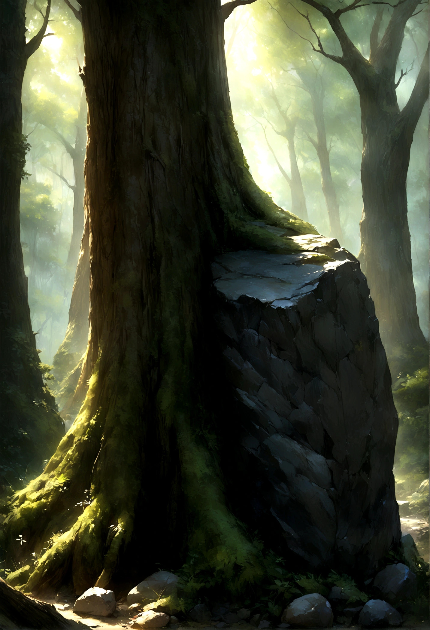((Highest quality)), ((masterpiece)), (detailed), Realistic、forest、Rough Stone、At the foot of the tree、landscape、
