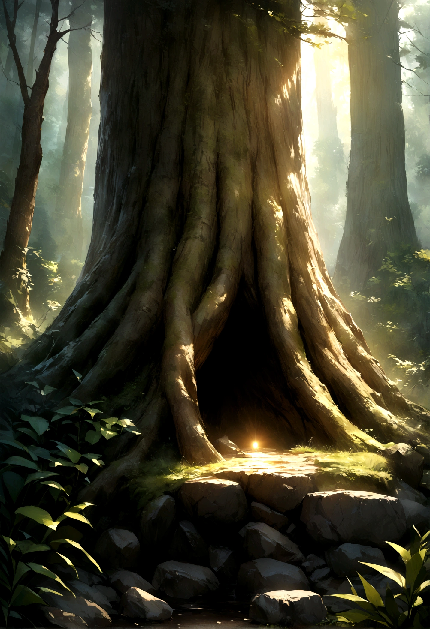 ((Highest quality)), ((masterpiece)), (detailed), Realistic、forest、Rough Stone、At the foot of the tree、landscape、