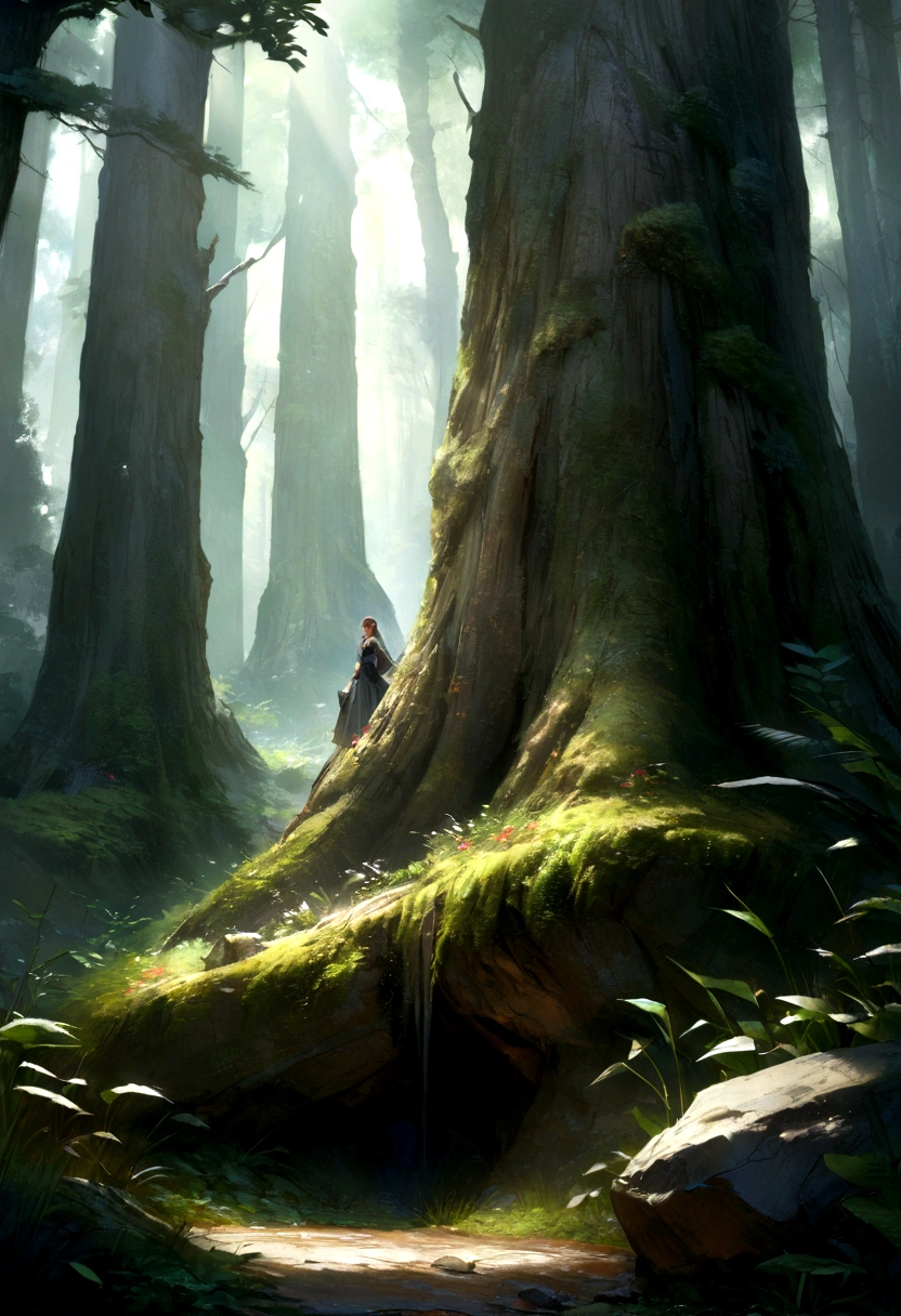 ((Highest quality)), ((masterpiece)), (detailed), Realistic、forest、Rough Stone、At the foot of the tree、landscape、