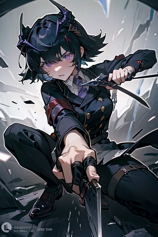 A black-haired girl wields the Heavy Thrusting Swords from within the Elden Ring in a reverse grip.