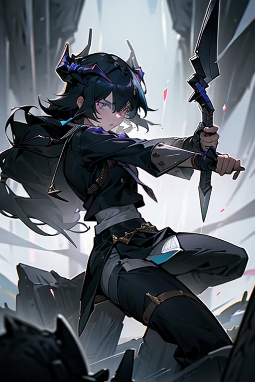 A black-haired girl wields the Heavy Thrusting Swords from within the Elden Ring in a reverse grip.