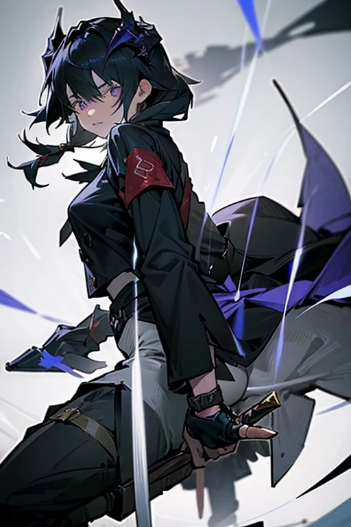 A black-haired girl wields the Heavy Thrusting Swords from within the Elden Ring in a reverse grip.