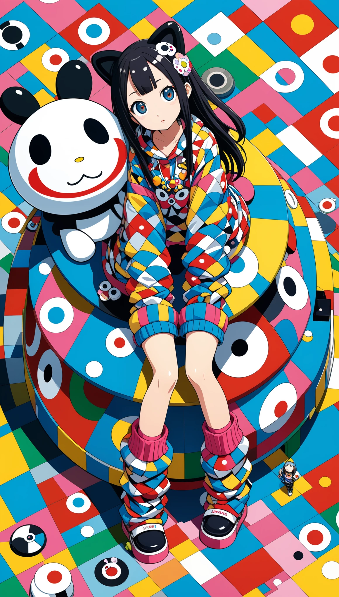 (Isometric Perspective style:1.5),in style of Takashi Murakami, character concept design, legs,fullbdoy shot,(((oversize leg warmers))),wide angle, form below,oversize clothes,leaning forward,pointing at viewer,sit on the edge of the tank